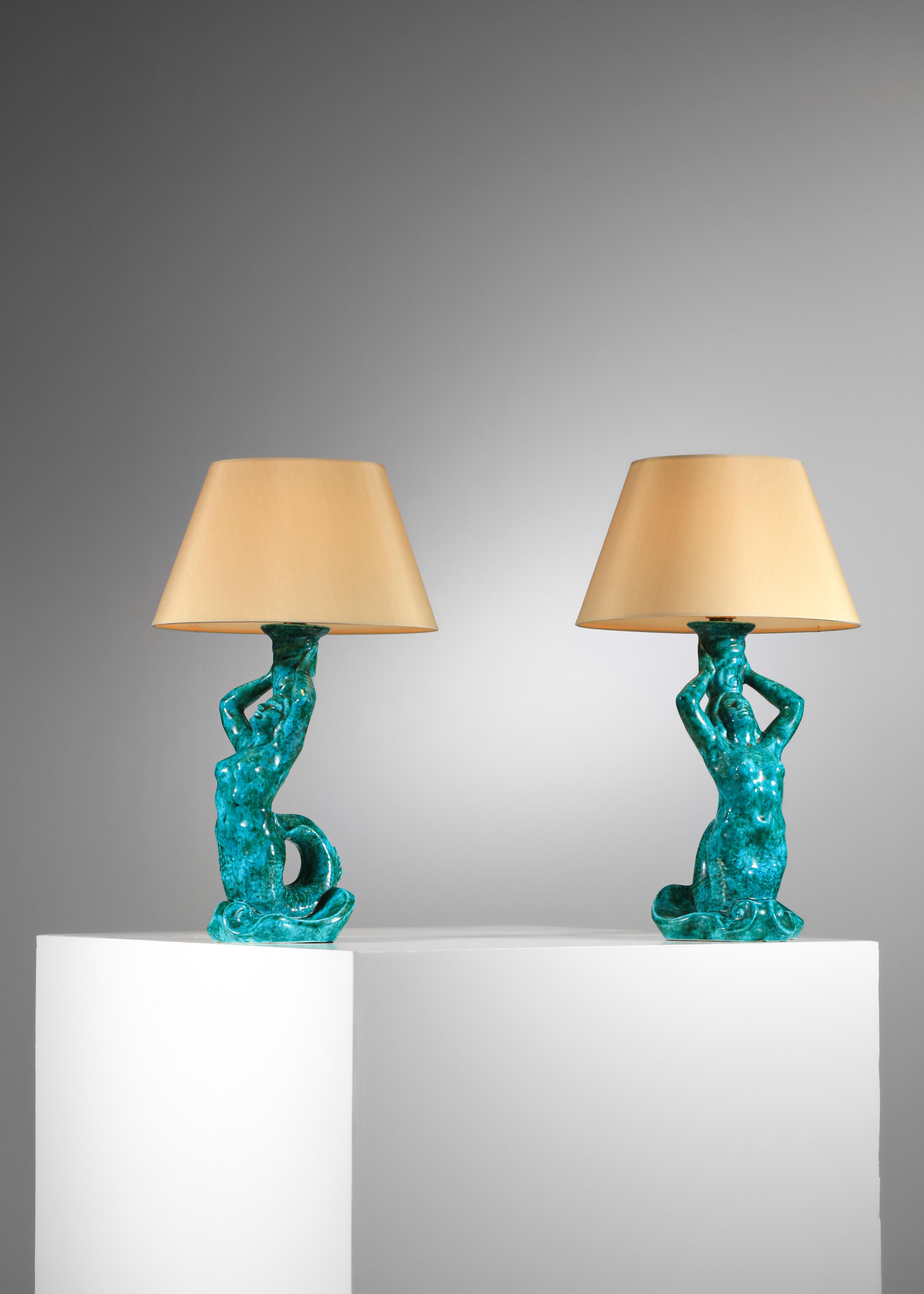 Mid-Century Modern French Pair of mermaid lamps signed SRD Paris green-blue 50's ceramic