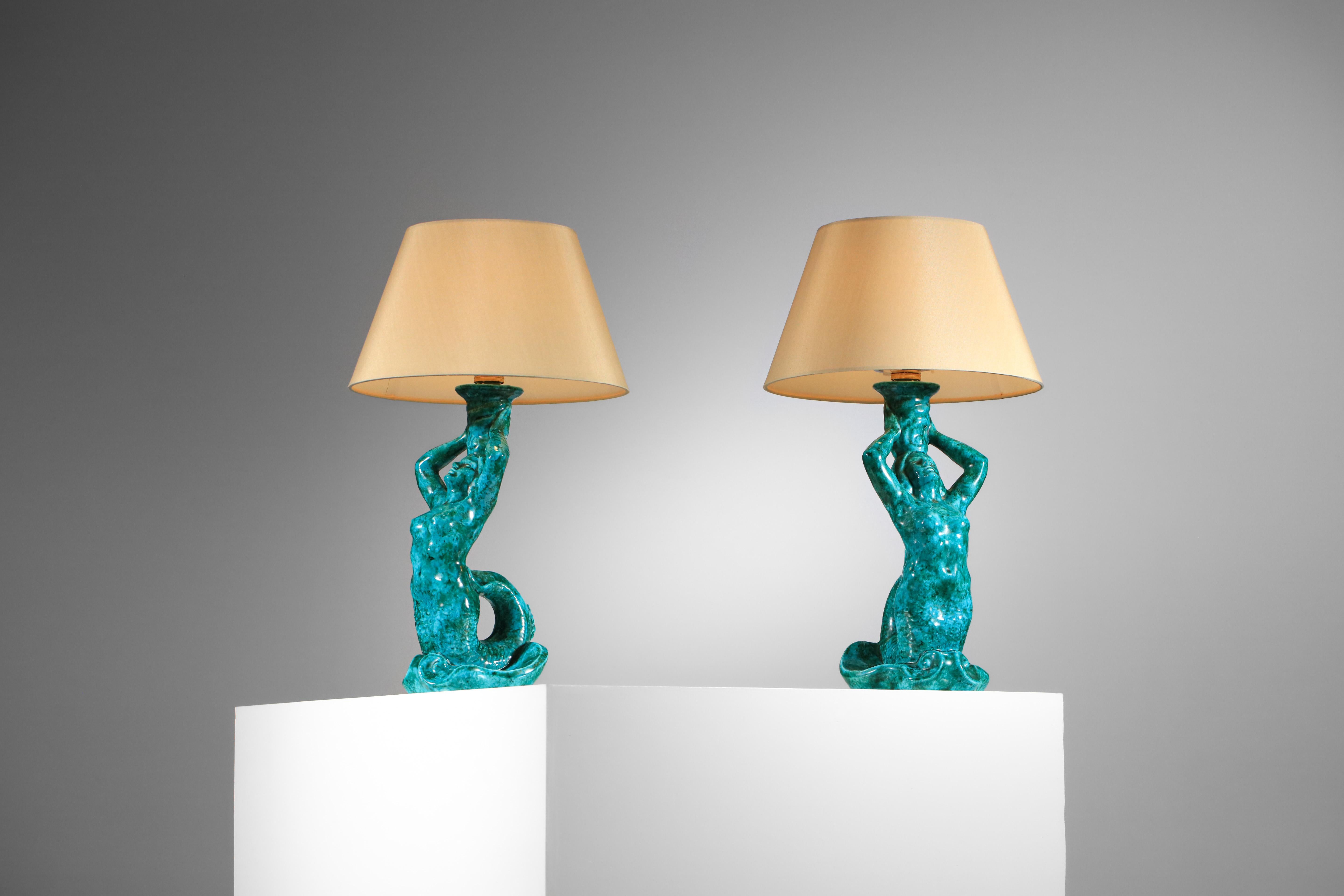Hand-Crafted French Pair of mermaid lamps signed SRD Paris green-blue 50's ceramic