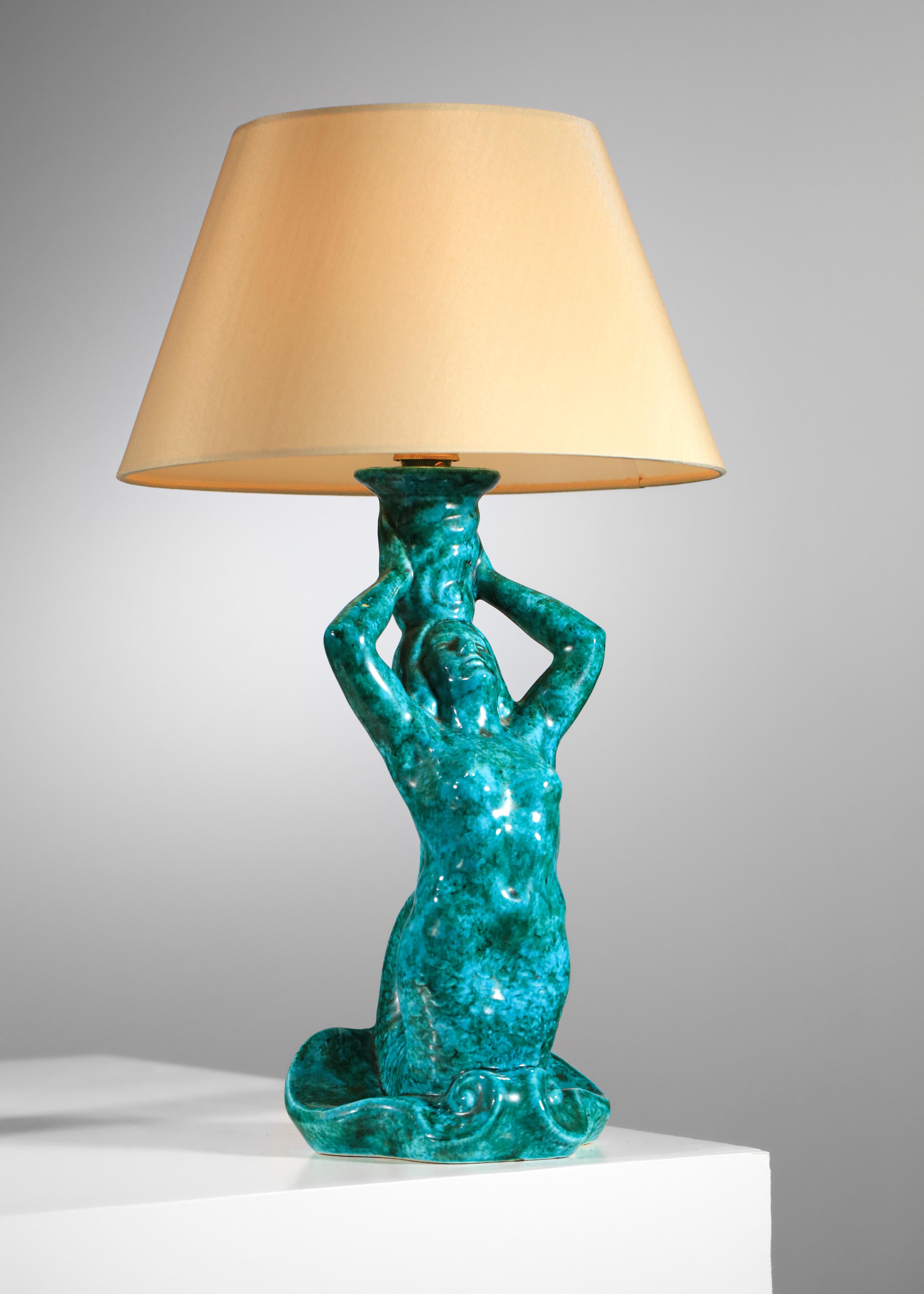 French Pair of mermaid lamps signed SRD Paris green-blue 50's ceramic In Good Condition In Lyon, FR