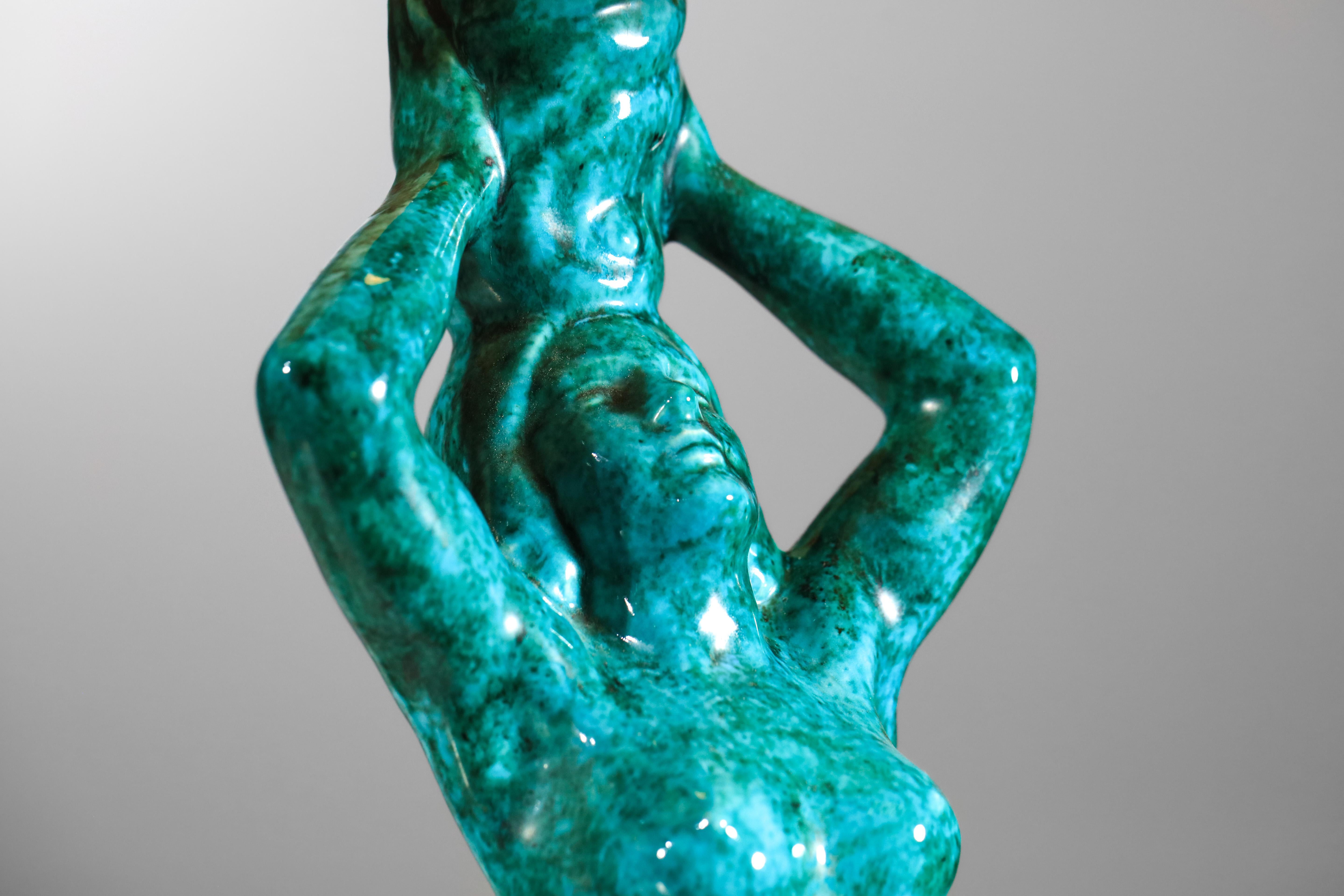 Mid-20th Century French Pair of mermaid lamps signed SRD Paris green-blue 50's ceramic