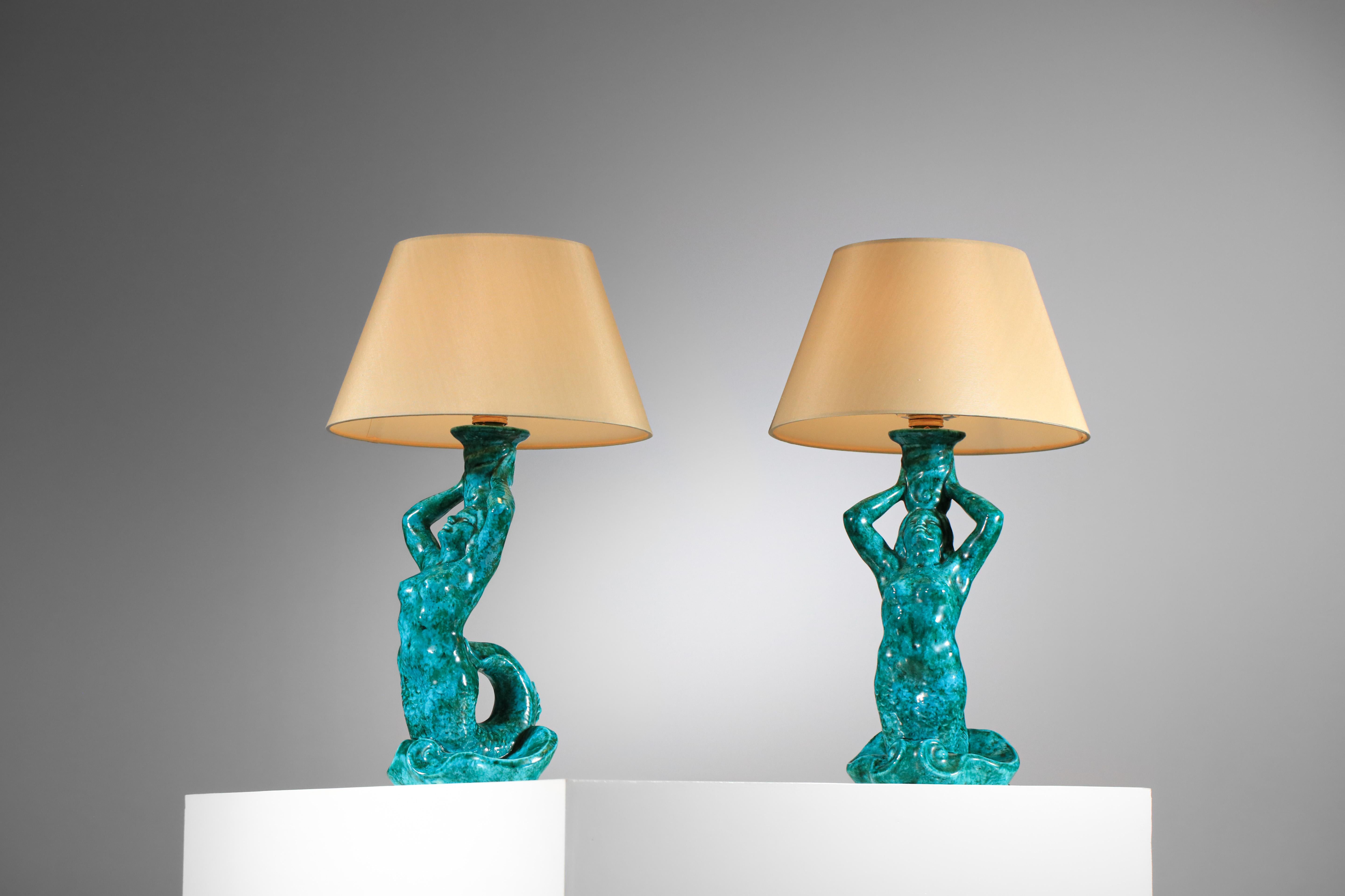 Ceramic French Pair of mermaid lamps signed SRD Paris green-blue 50's ceramic