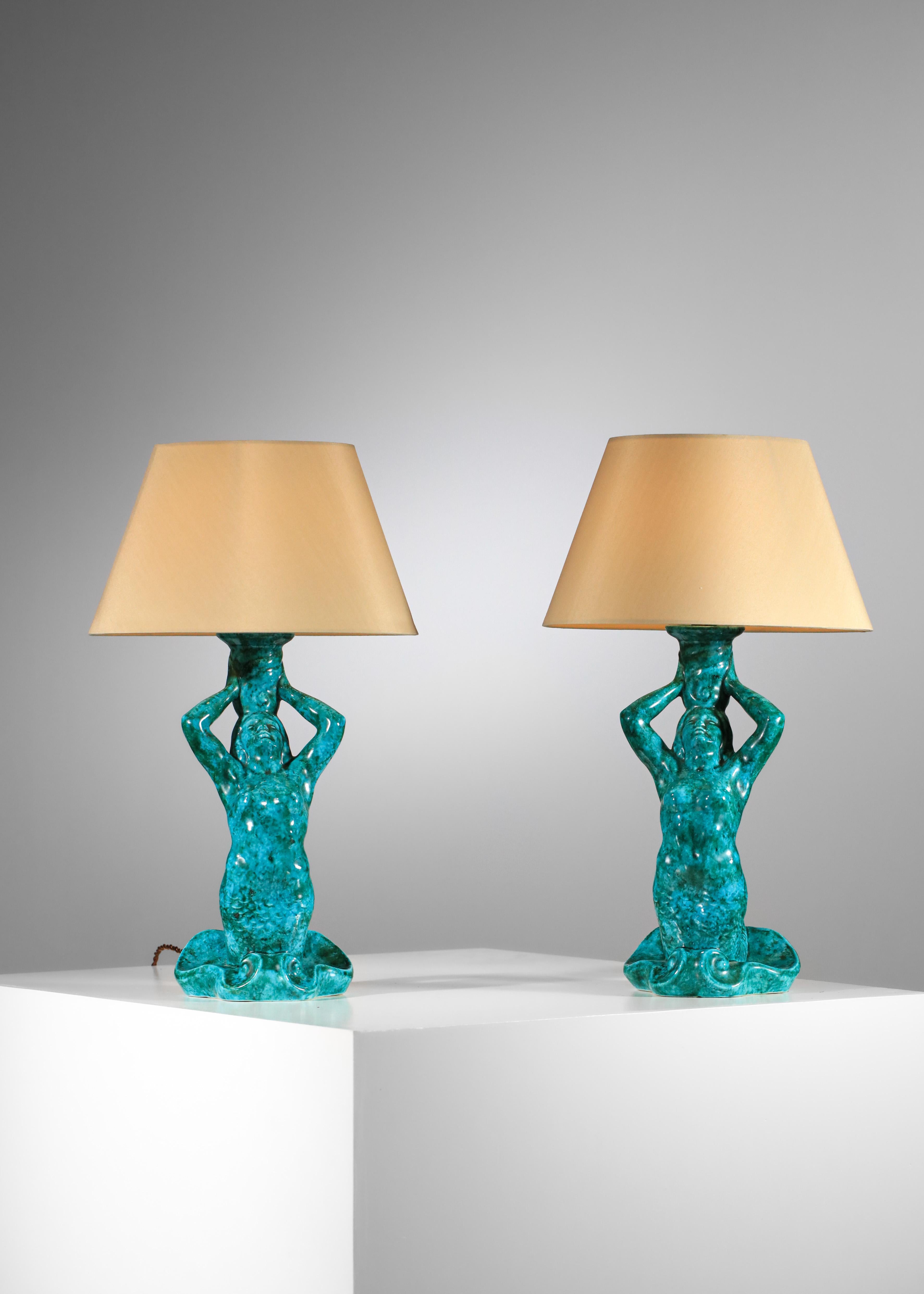 French Pair of mermaid lamps signed SRD Paris green-blue 50's ceramic 1