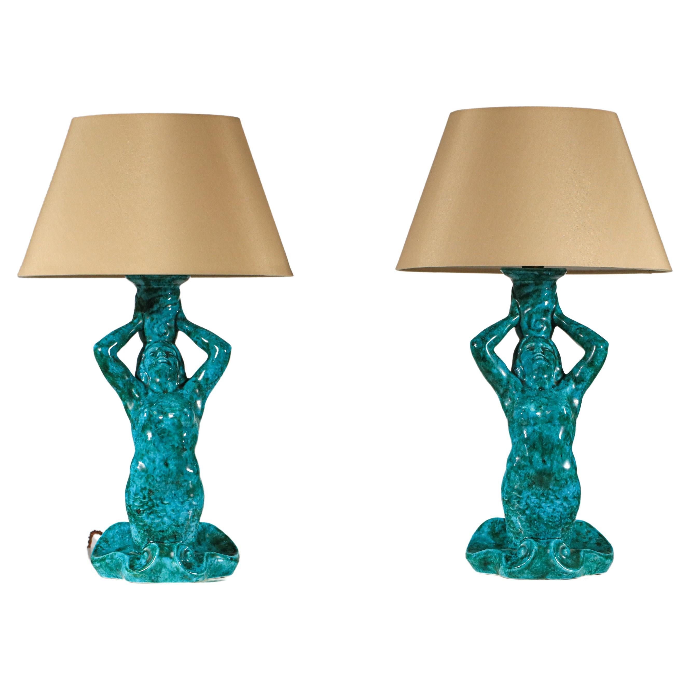 French Pair of mermaid lamps signed SRD Paris green-blue 50's ceramic