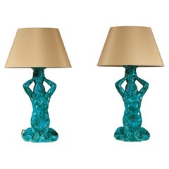 Retro French Pair of mermaid lamps signed SRD Paris green-blue 50's ceramic