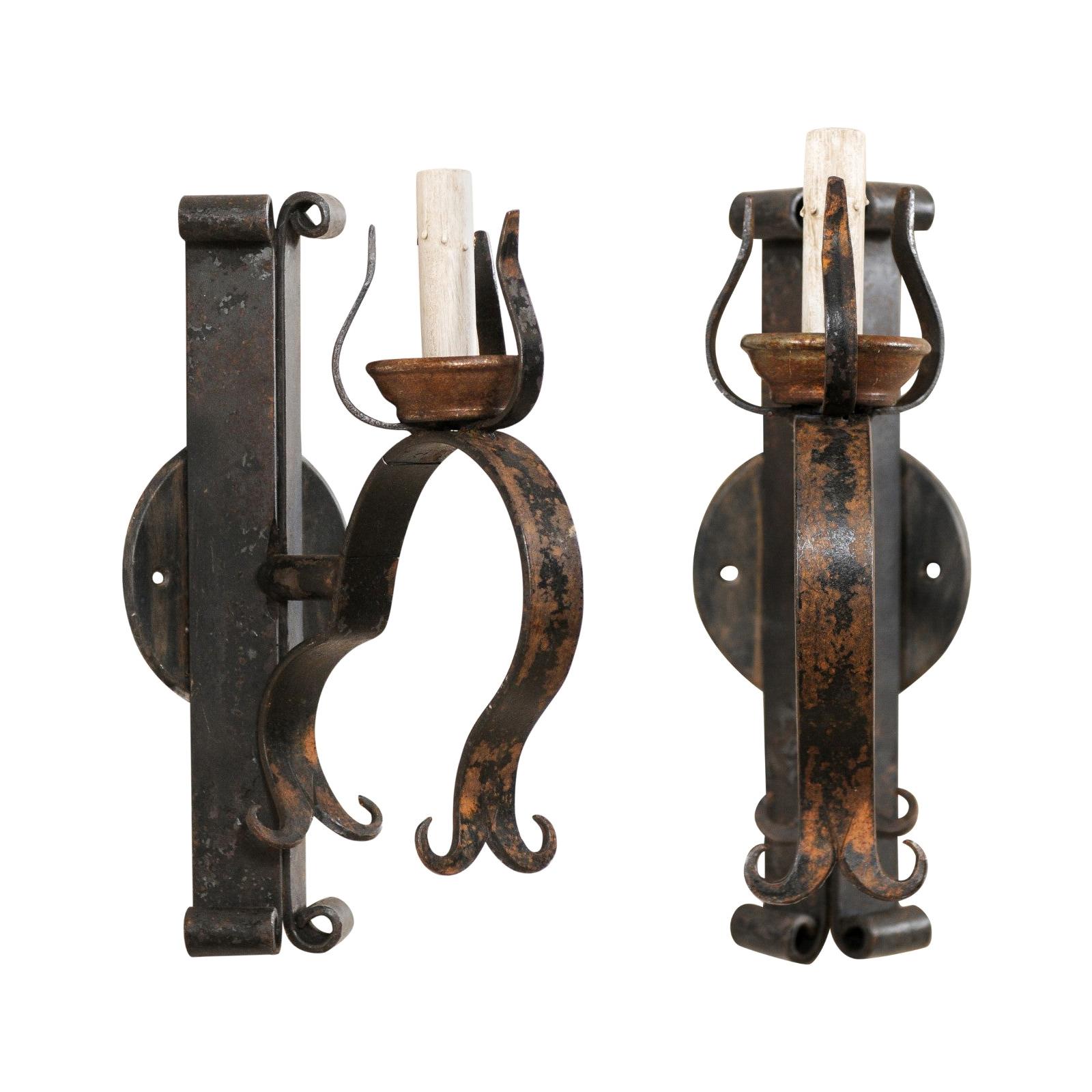 French Pair of Mid-20th Century Single Light Iron Sconces