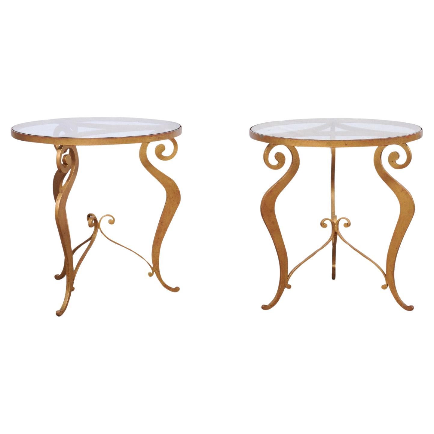 French Pair of Mid-Century 2.5 Ft. Round Glass-Top Accent Tables 