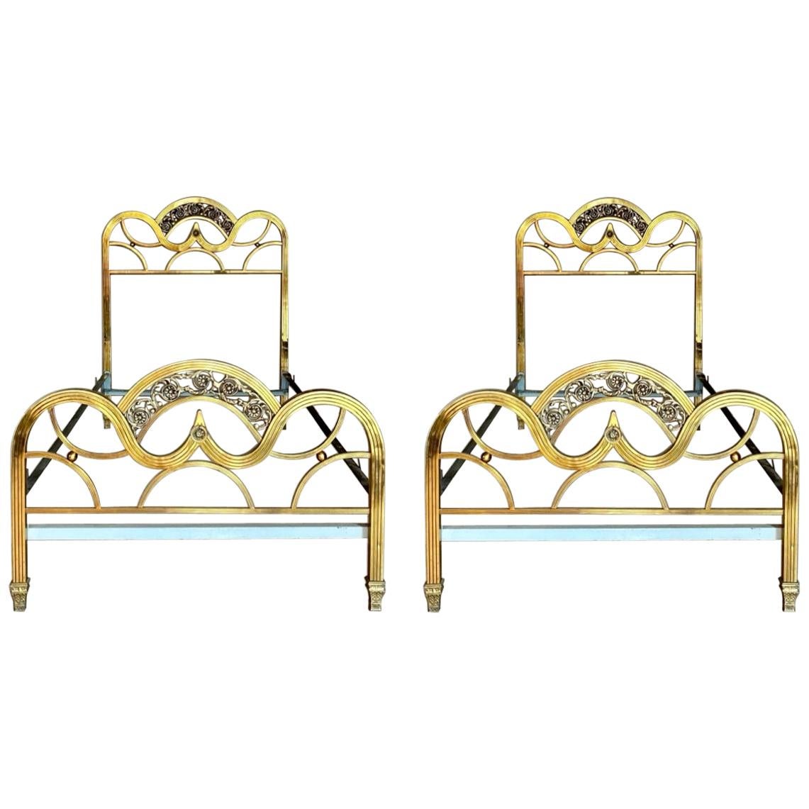 French Pair of Midcentury Gold Brass and Bronze Twin Size Headboards