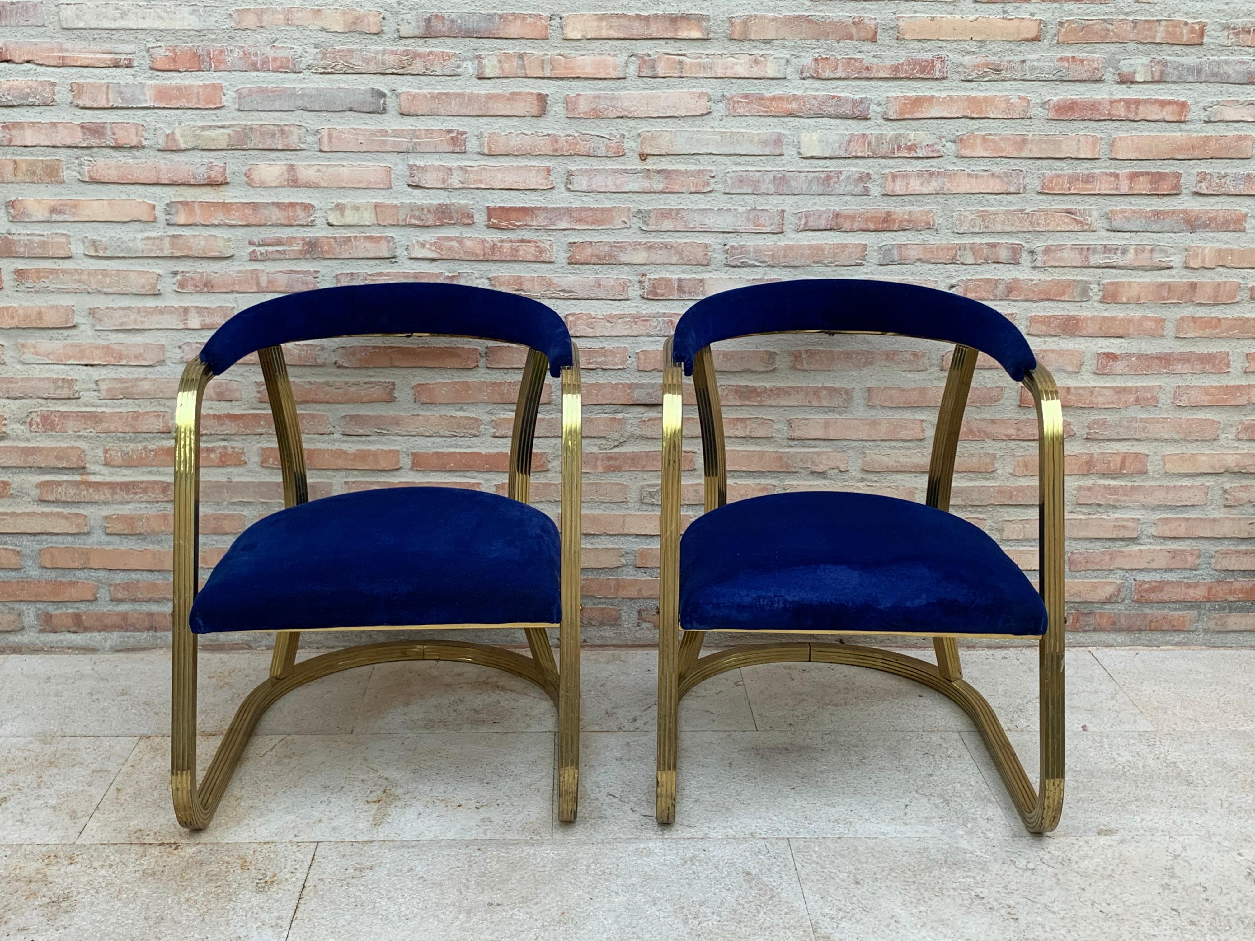 Mid-Century Modern French Pair of Midcentury Gold Brass Chairs with Blue Velvet Upholstery For Sale