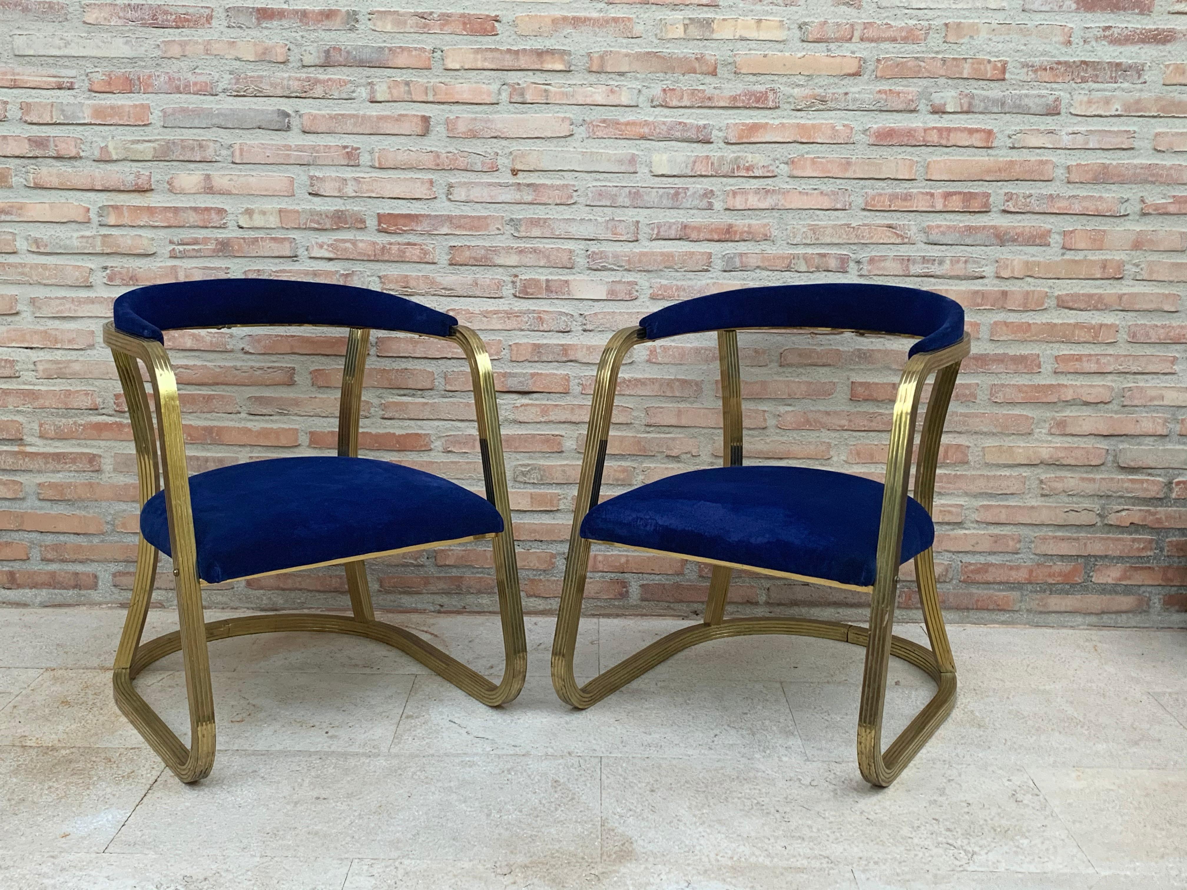 20th Century French Pair of Midcentury Gold Brass Chairs with Blue Velvet Upholstery For Sale