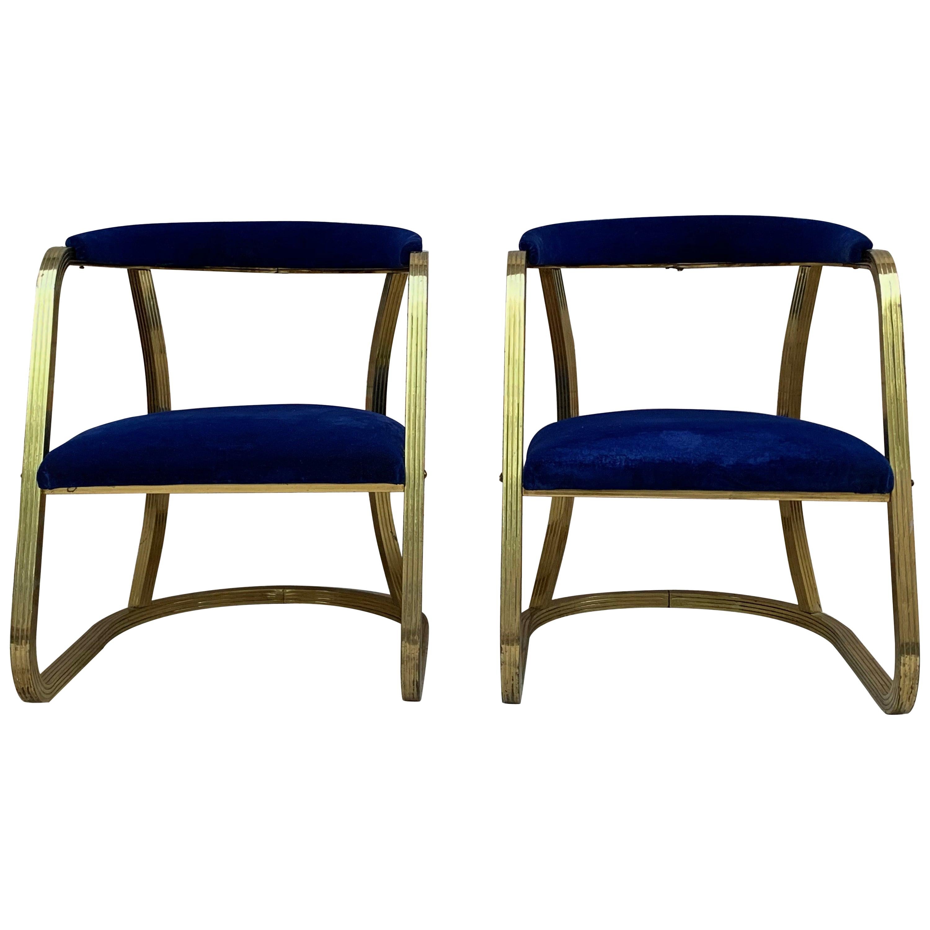 French Pair of Midcentury Gold Brass Chairs with Blue Velvet Upholstery