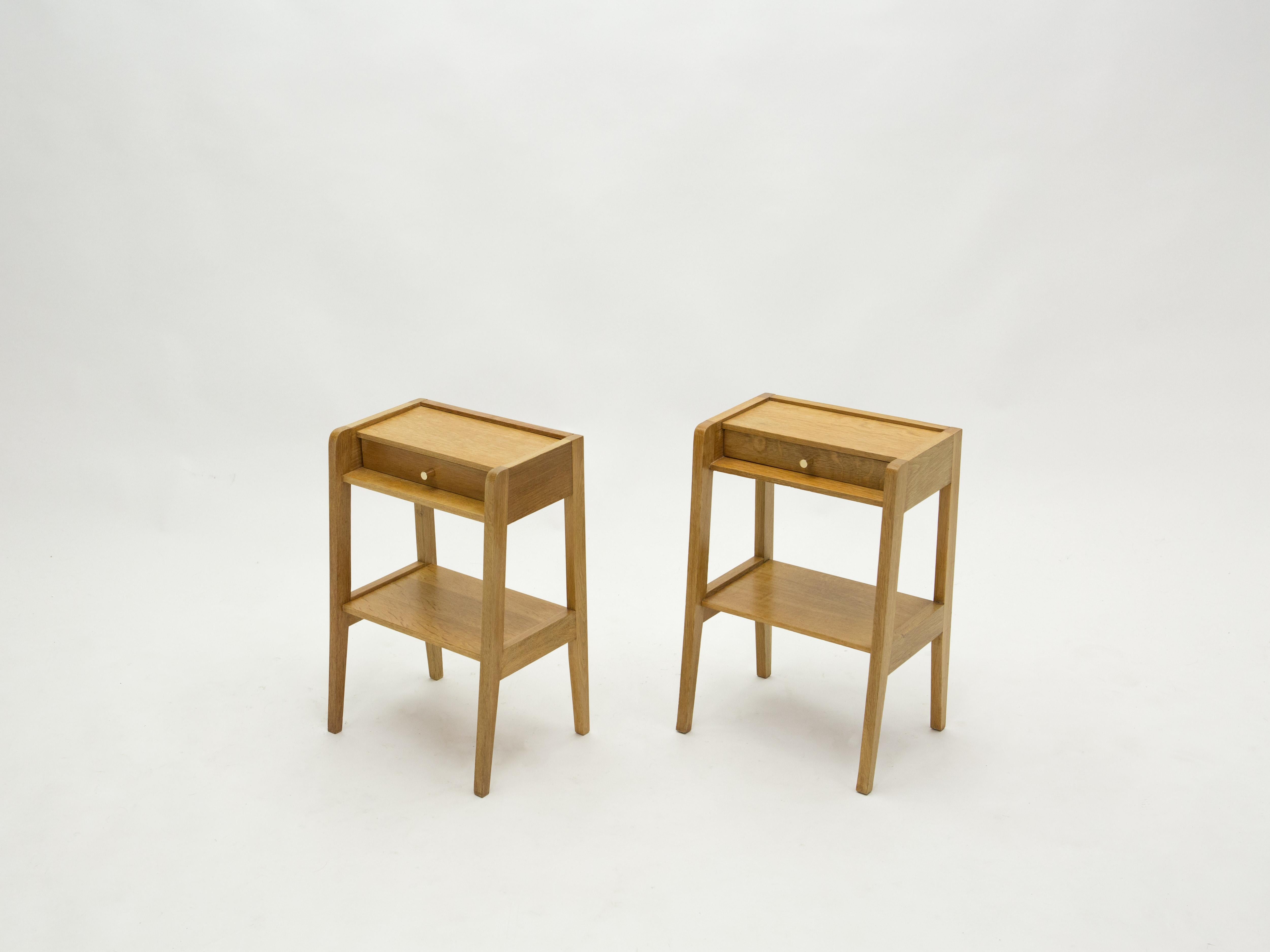 Mid-Century Modern French Pair of Modernist Nightstands One Drawer Oakwood, 1950s