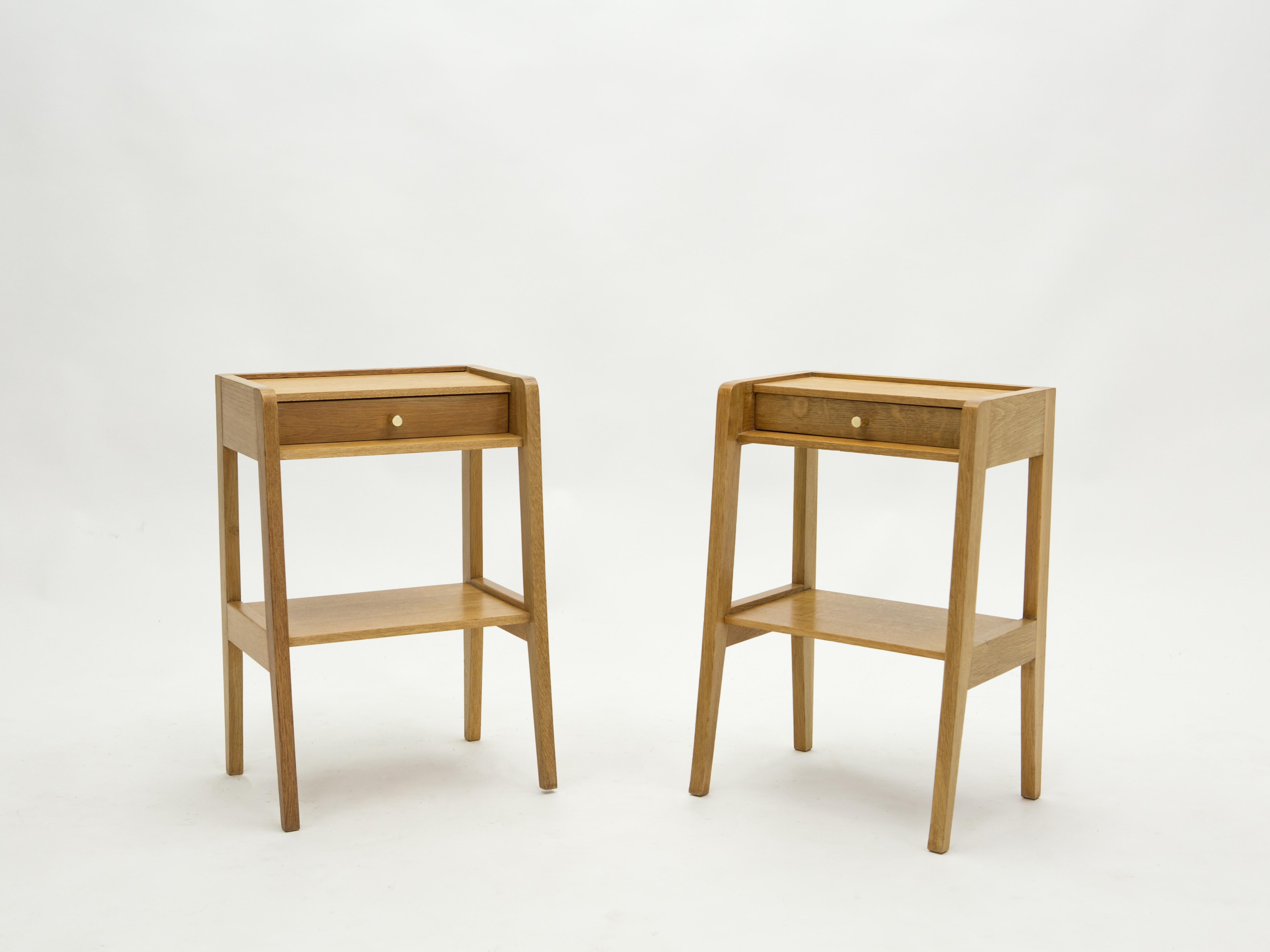 Mid-20th Century French Pair of Modernist Nightstands One Drawer Oakwood, 1950s