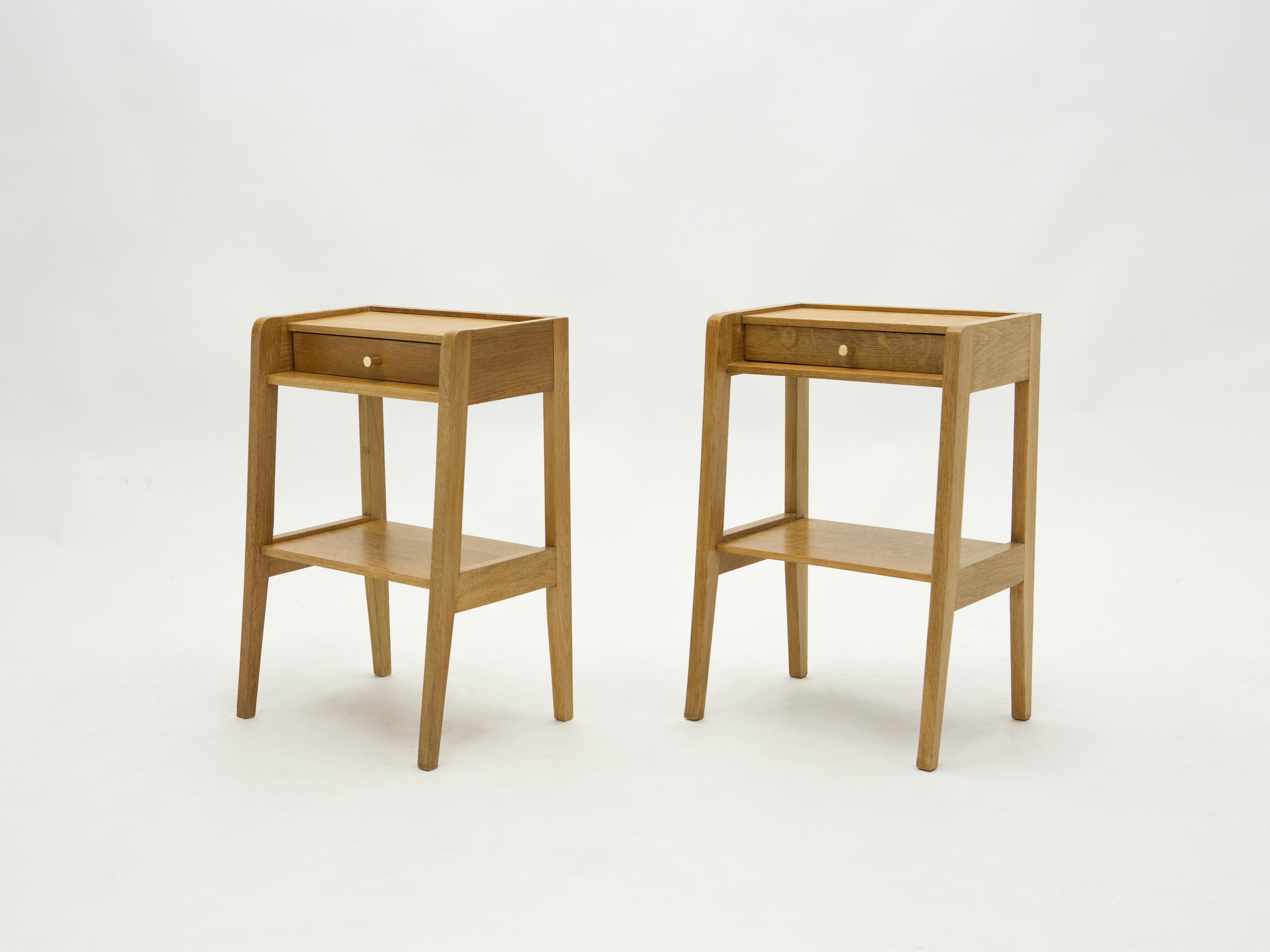French Pair of Modernist Nightstands One Drawer Oakwood, 1950s 3