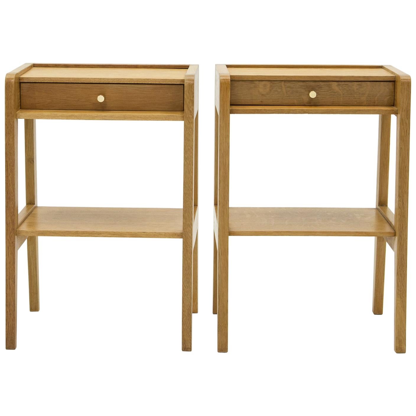 French Pair of Modernist Nightstands One Drawer Oakwood, 1950s