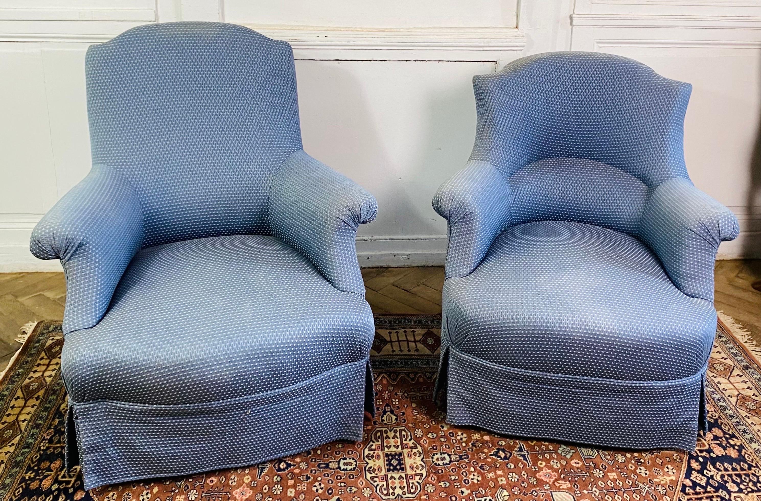 Paire de fauteuils crapauds Napoléon III sièges tapisserie bleue 19ème  en vente 8