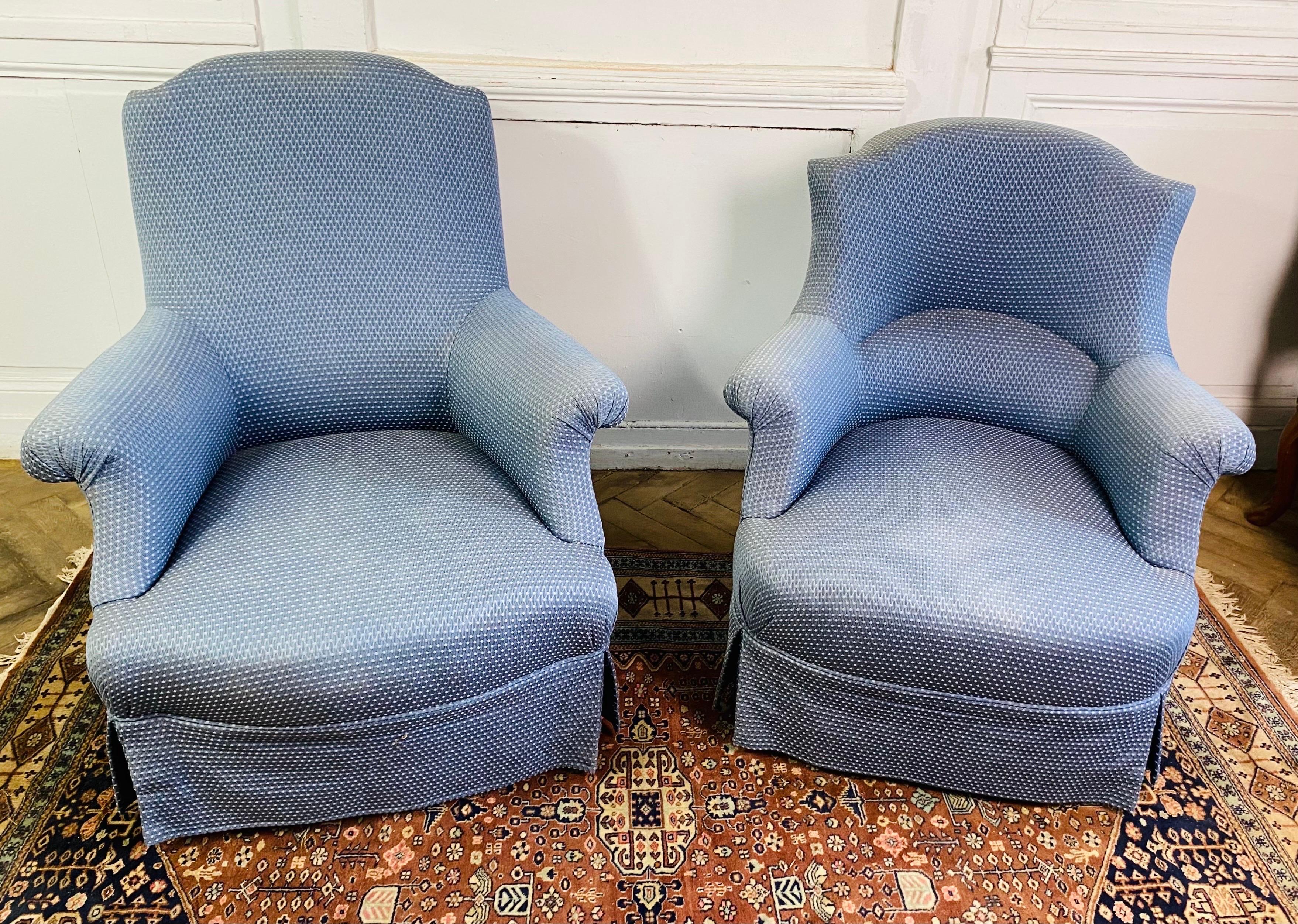 Paire de fauteuils crapauds Napoléon III sièges tapisserie bleue 19ème  en vente 9