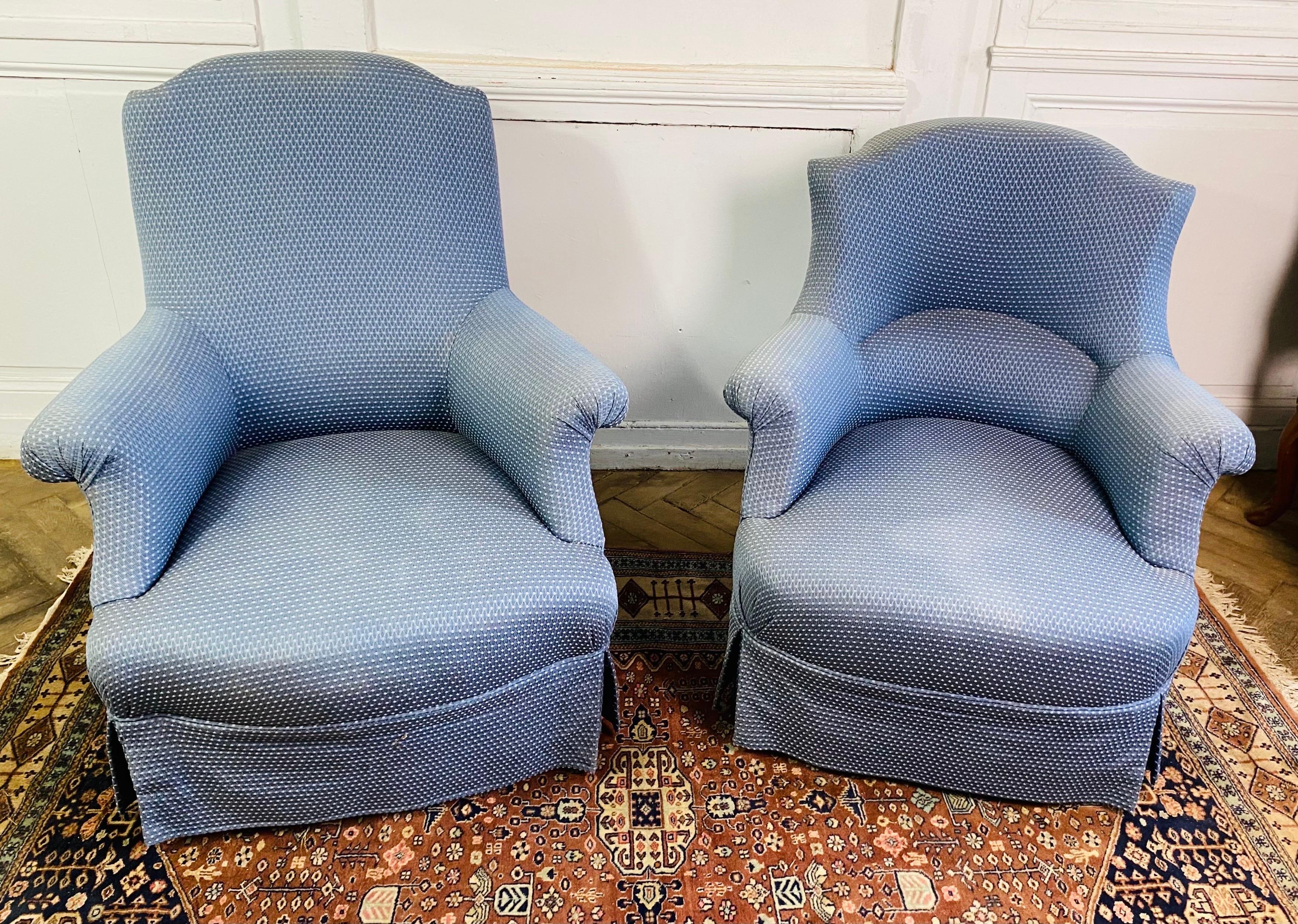 French Pair of Napoleon III toad chairs armchairs seating blue upholstery 19th For Sale 11