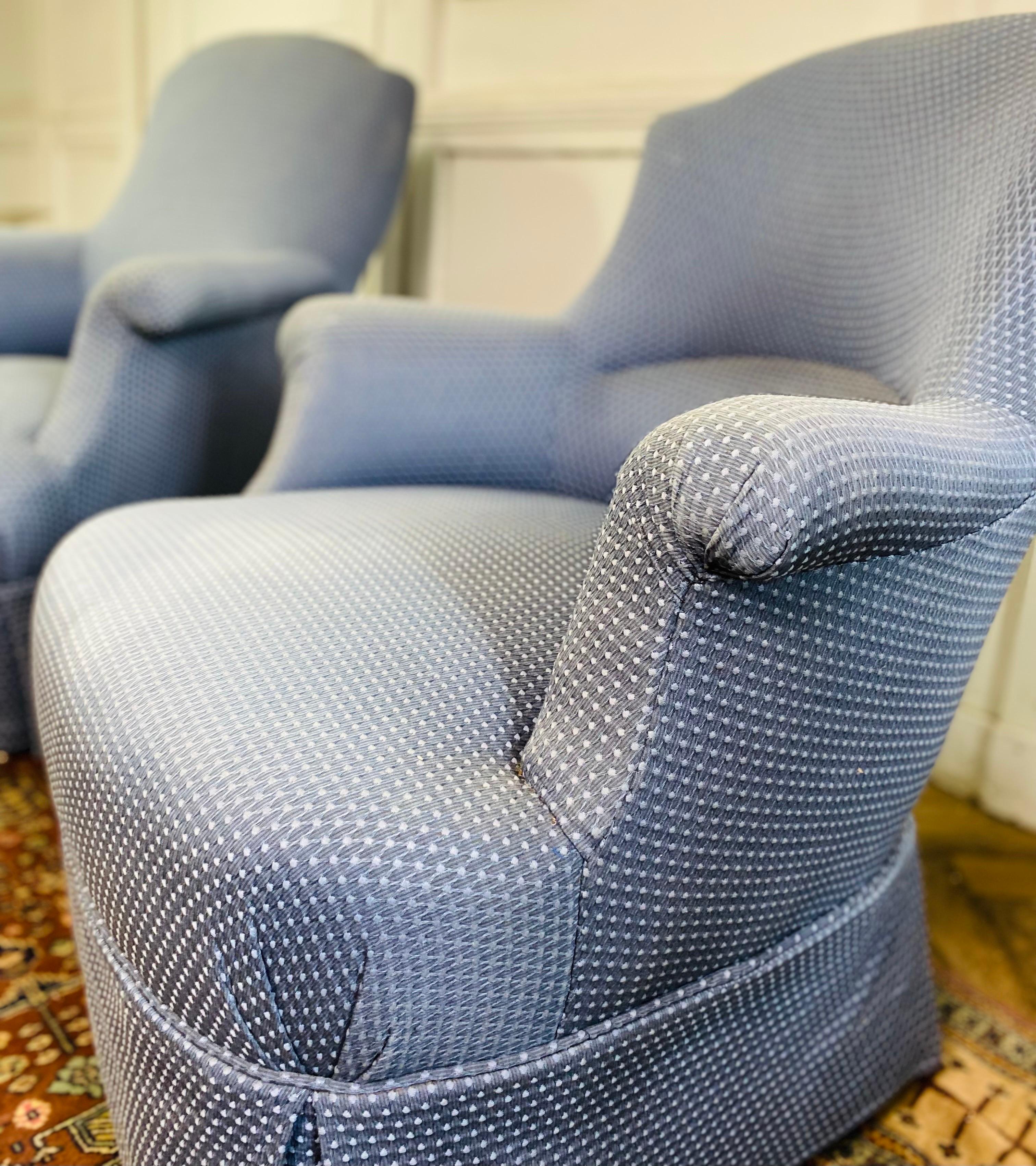 Paire de fauteuils crapauds Napoléon III sièges tapisserie bleue 19ème  Bon état - En vente à Beuzevillette, FR