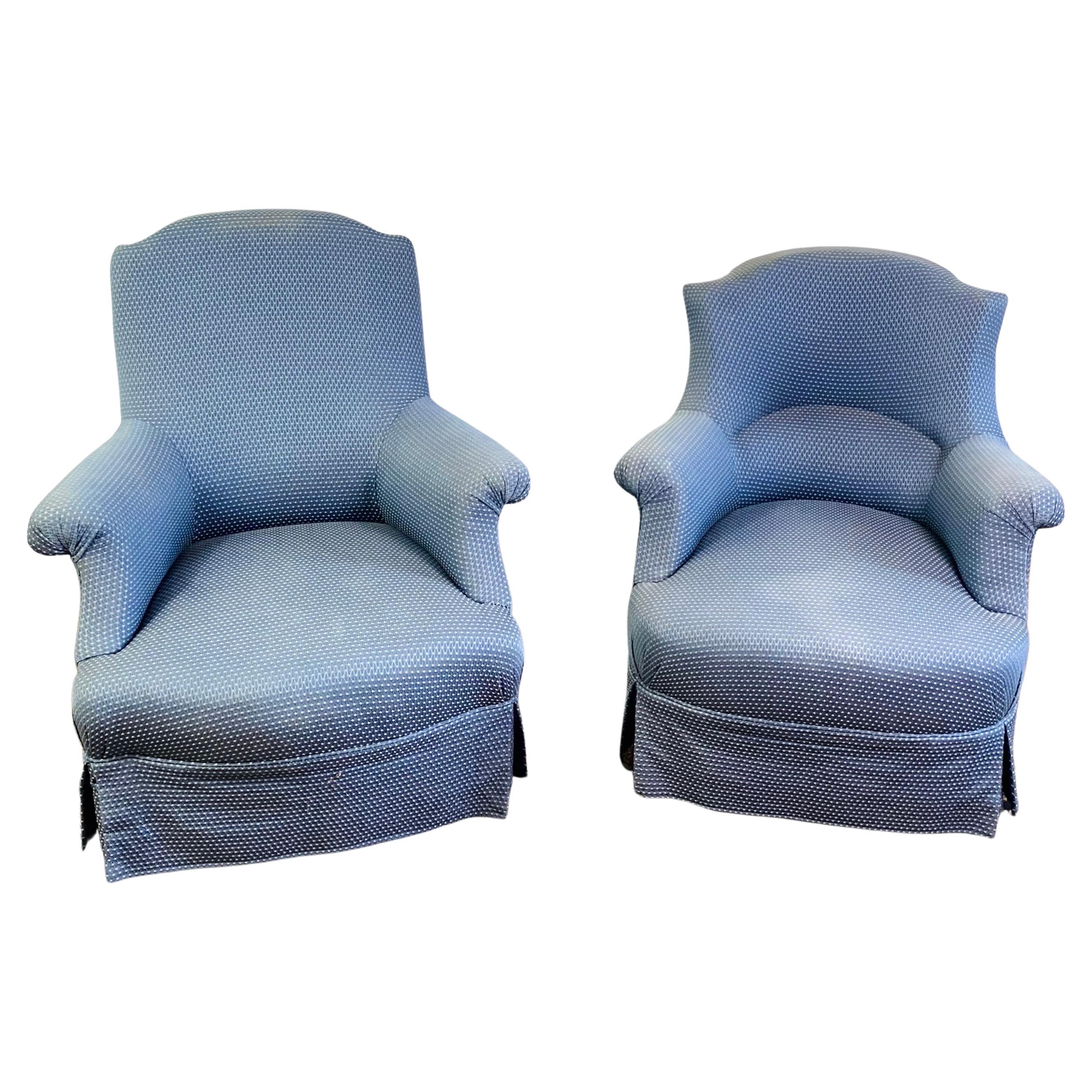 Paire de fauteuils crapauds Napoléon III sièges tapisserie bleue 19ème  en vente
