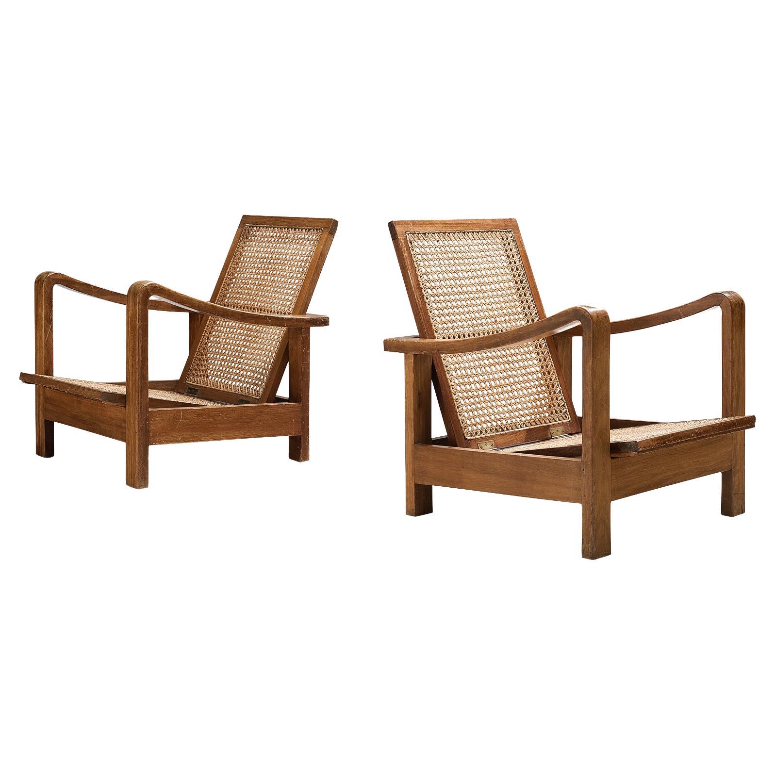 French Pair of Naturalistic Lounge Chairs in Oak and Cane