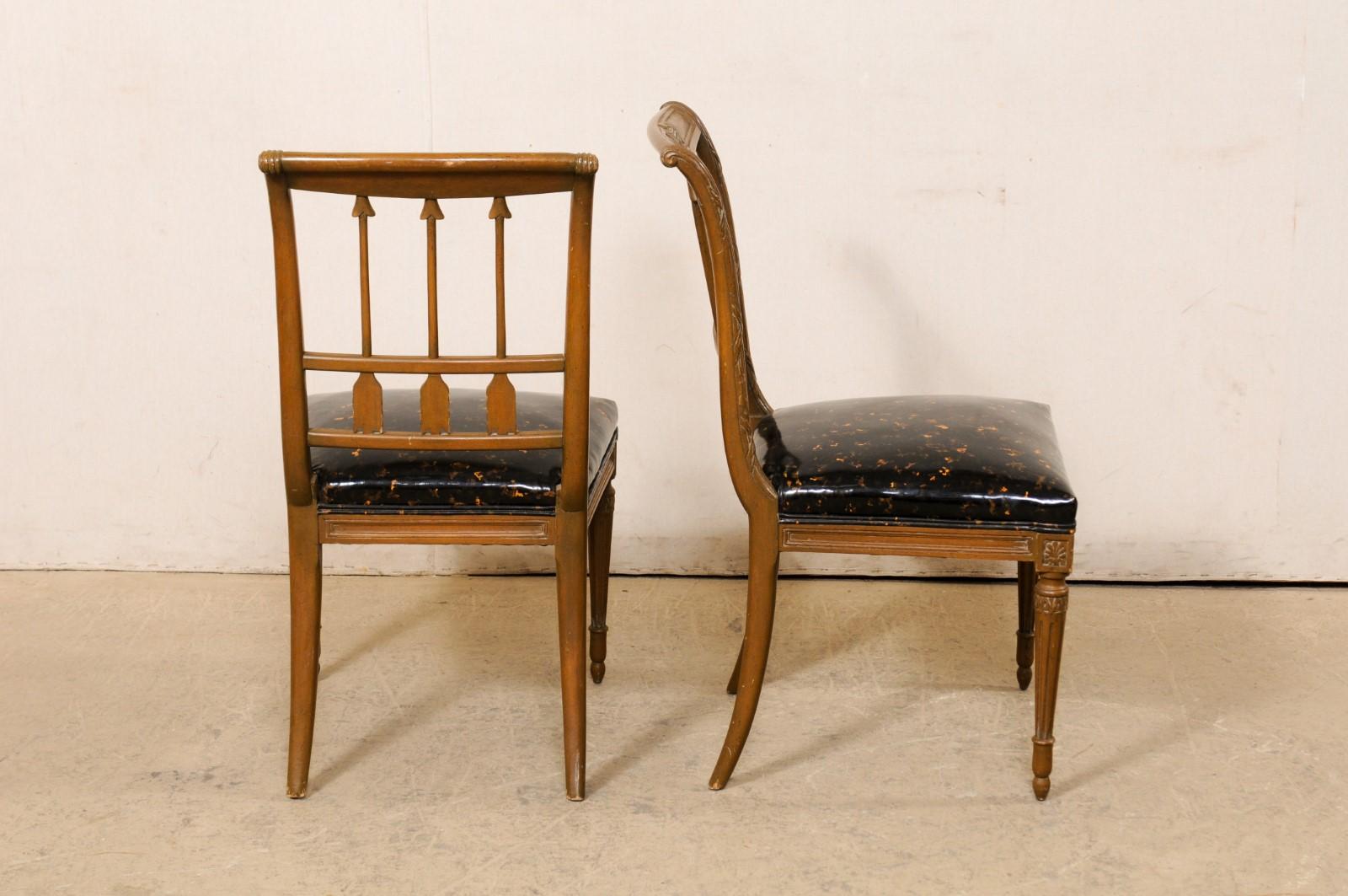 Faux Leather French Pair of Neoclassic Style Arrow Splat Side Chairs w/Upholstered Seats