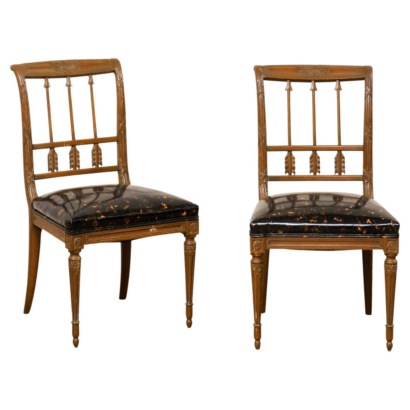 French Pair of Neoclassic Style Arrow Splat Side Chairs w/Upholstered Seats