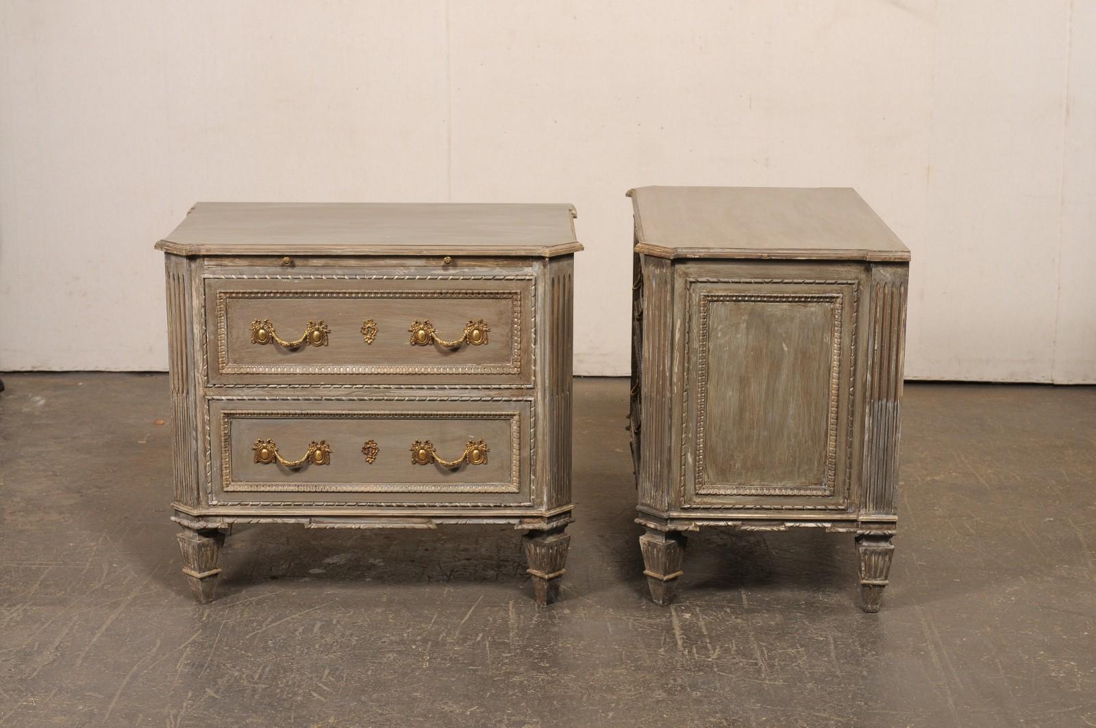 French Pair of Neoclassical Inspired 2-Drawer Side Chests w/Pull Out Shelf For Sale 7