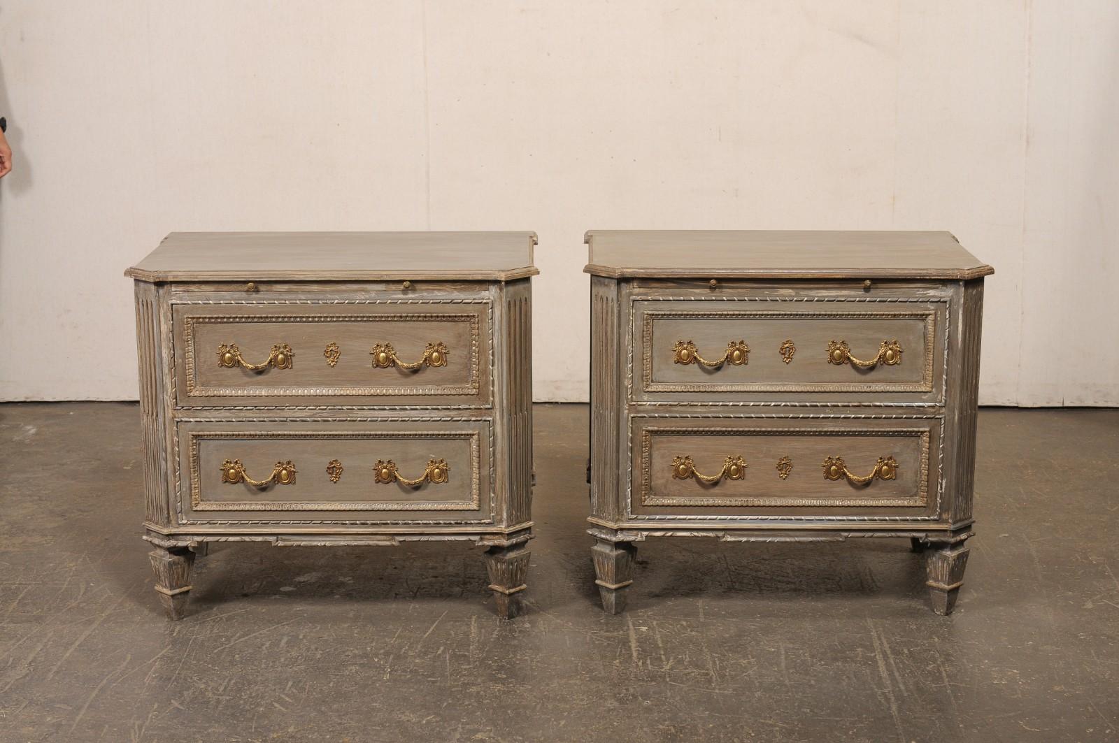 French Pair of Neoclassical Inspired 2-Drawer Side Chests w/Pull Out Shelf For Sale 9