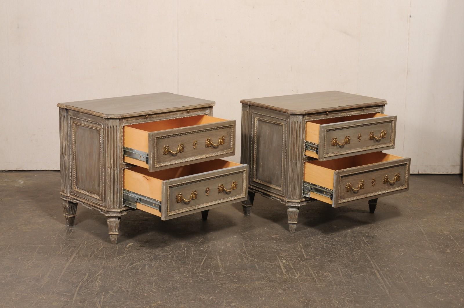French Pair of Neoclassical Inspired 2-Drawer Side Chests w/Pull Out Shelf For Sale 1