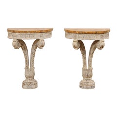 French Pair of Nicely Carved Demi Wall Console Tables w/ Faux Marble Tops