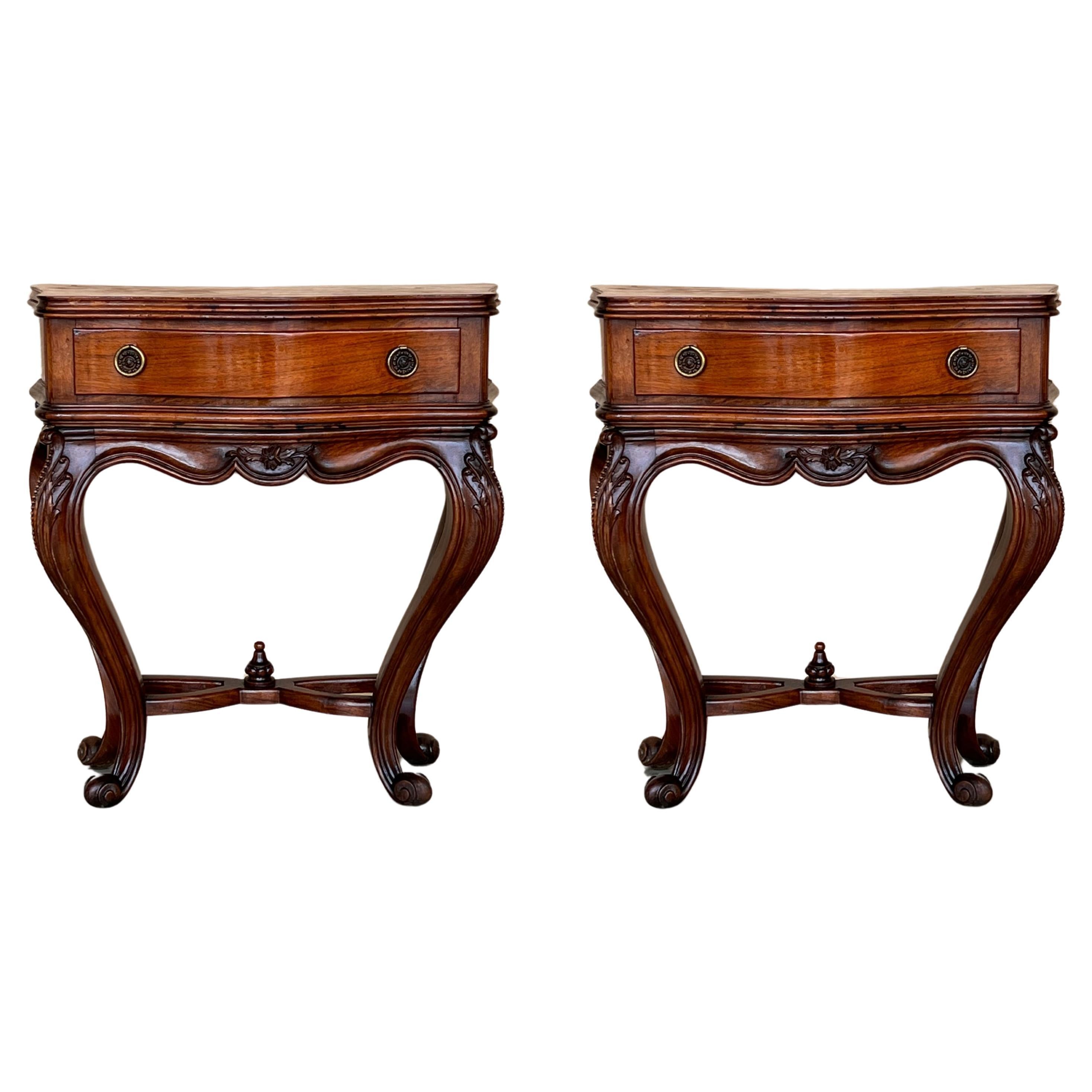 French Pair of Nightstand Tables with Carved Drawer and Cabriole Legs For Sale