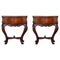 Vintage French Pair of Nightstand Tables with Carved Drawer and Cabriole Legs