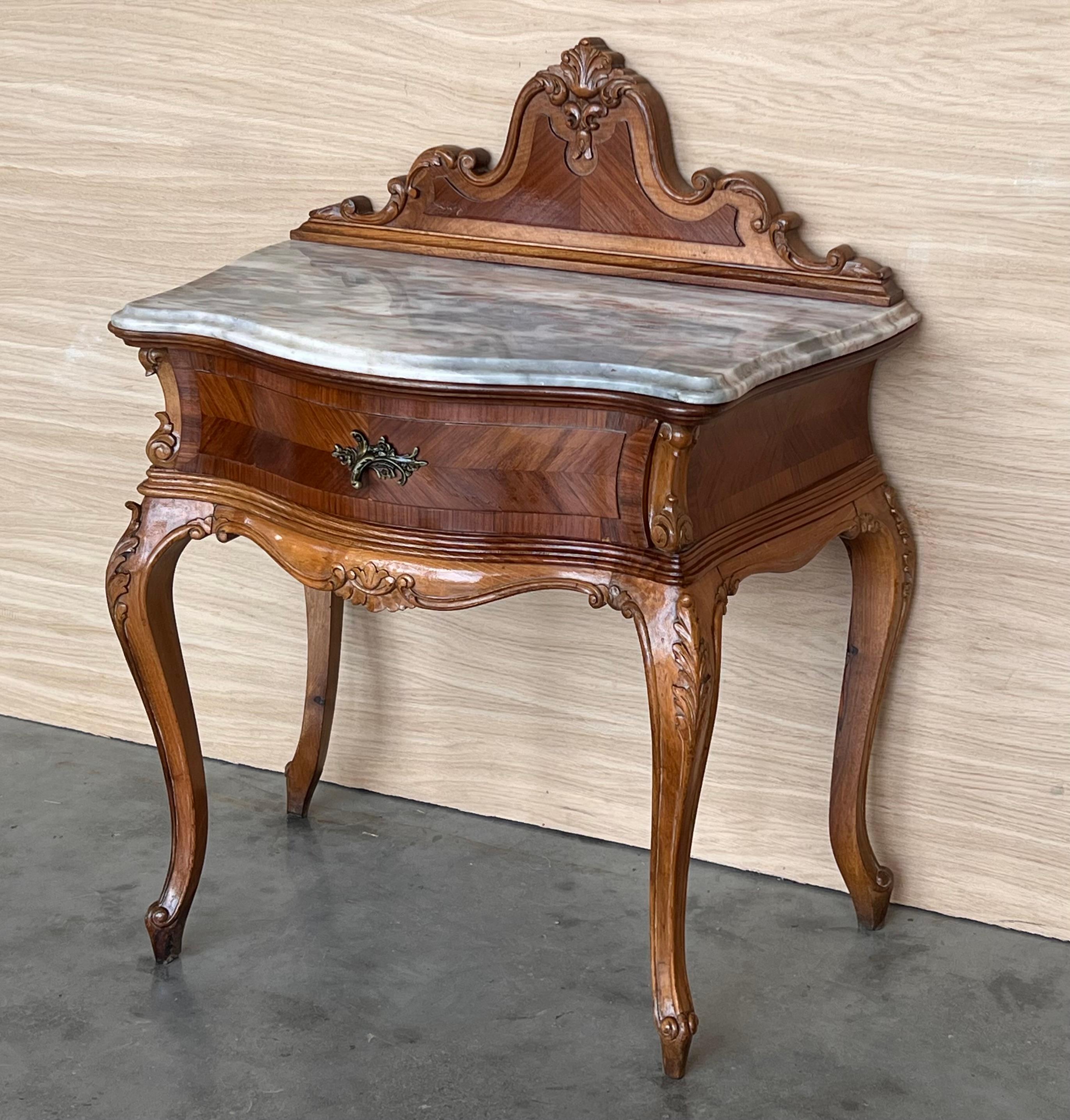Marble French Pair of Nightstand Tables with Crest & Carved Drawer and Cabriole Legs For Sale