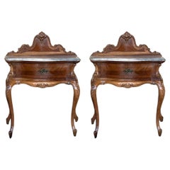 French Pair of Nightstand Tables with Crest & Carved Drawer and Cabriole Legs