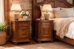French Pair of Nightstands Side Cabinets Bedside Massive Oak, circa 1980