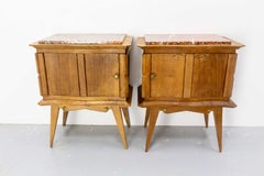 French Pair of Nightstands Side Cabinets Bedside Oak &Marble Top Midcentury