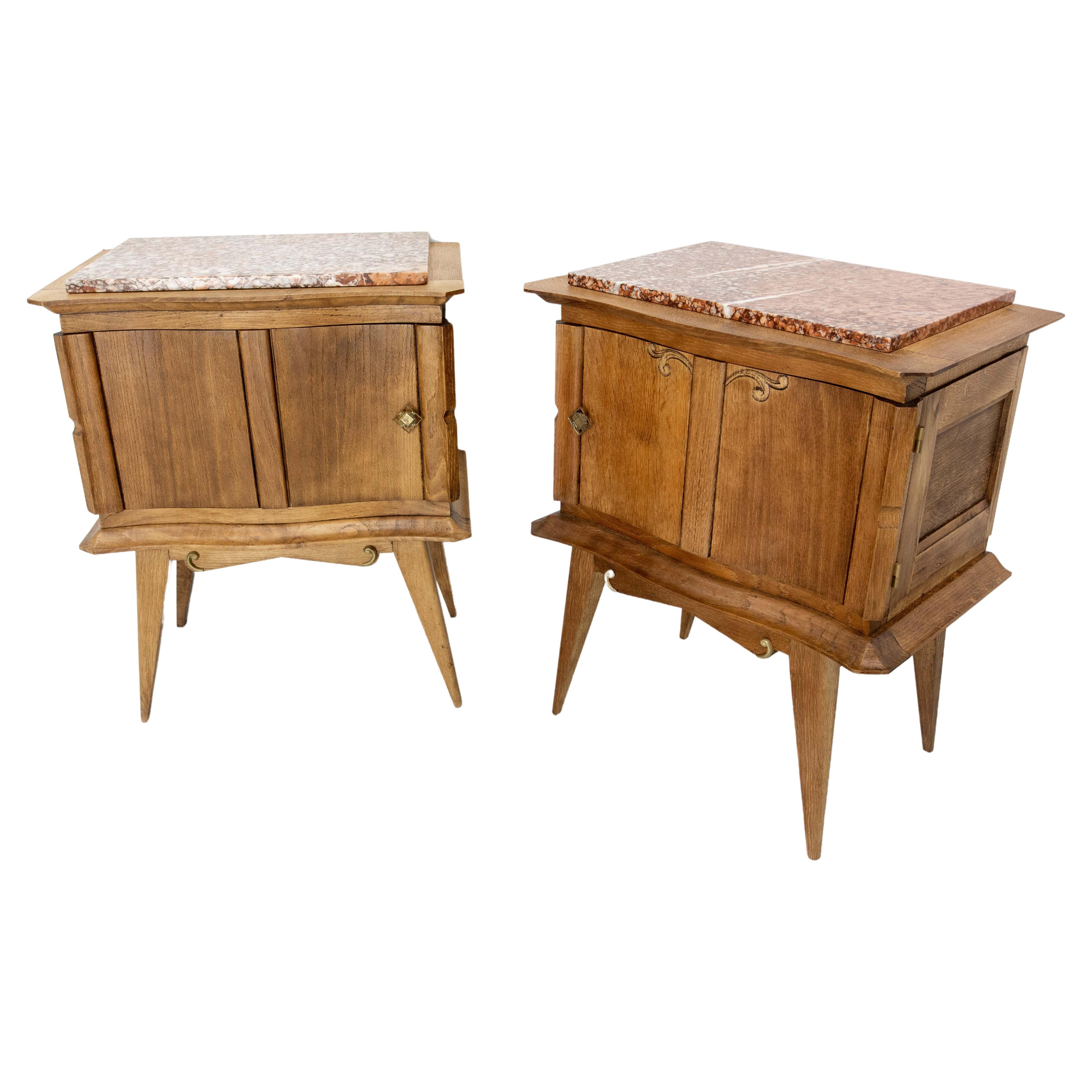 French Pair of Nightstands Side Cabinets Bedside Oak &Marble Top Midcentury