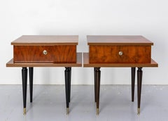 French Pair of Nightstands Side Cabinets Bedside Oak &Marble Top Midcentury