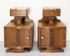 French Pair of Nightstands Side Cabinets Bedside Oak &Marble Top Midcentury