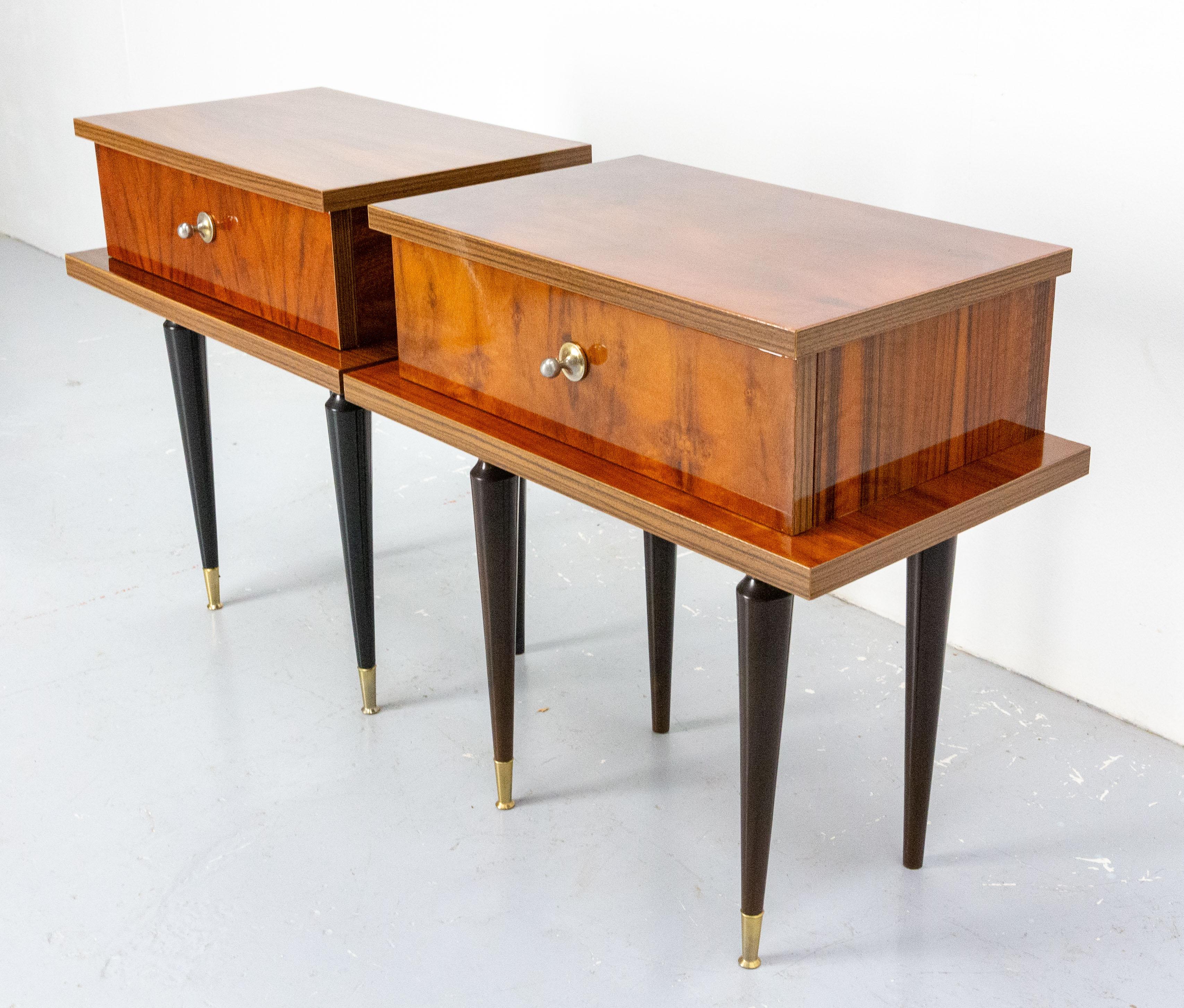 Mid-Century Modern French Pair of Nightstands Side Cabinets Bedside Oak &Marble Top Midcentury For Sale