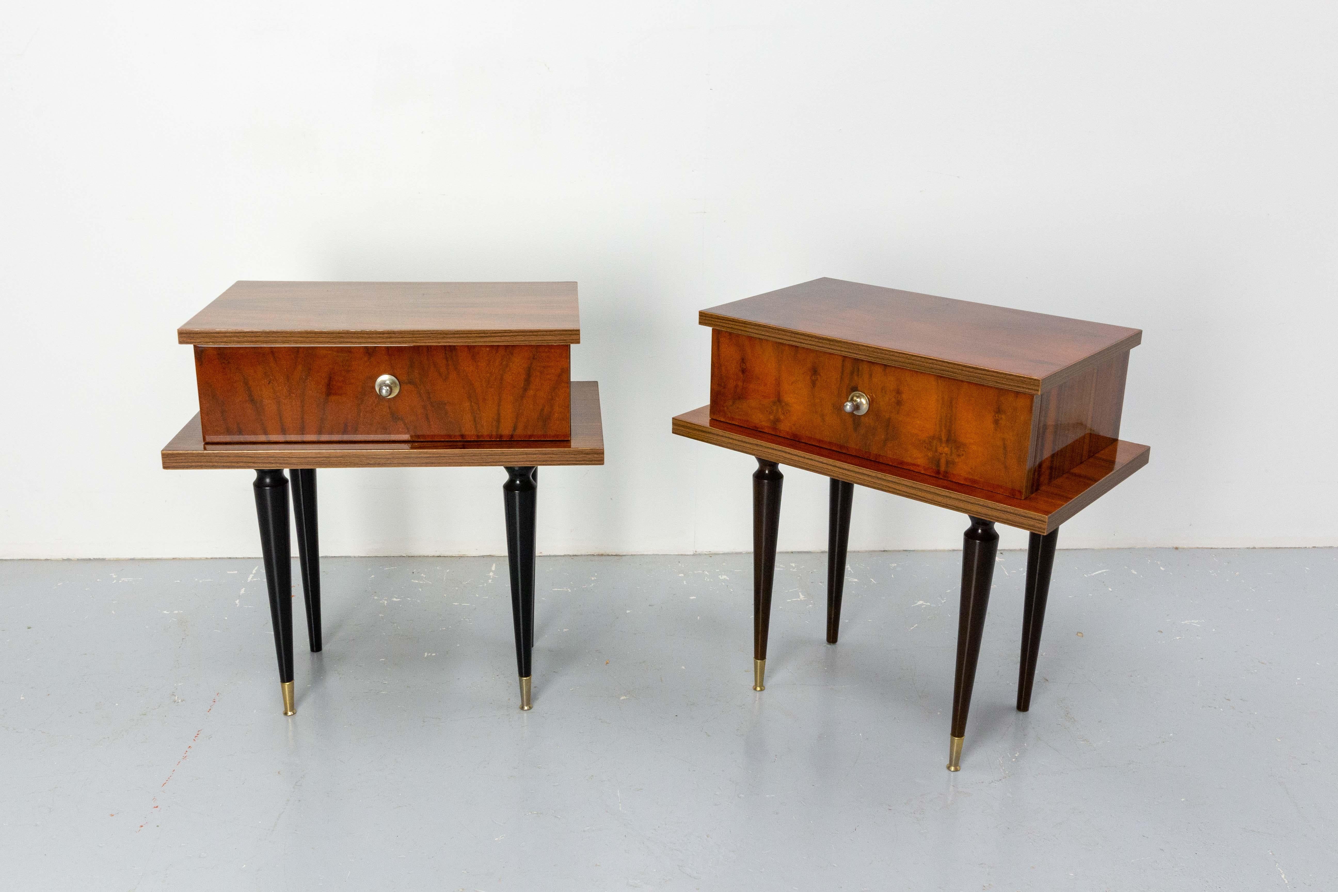 20th Century French Pair of Nightstands Side Cabinets Bedside Oak &Marble Top Midcentury For Sale
