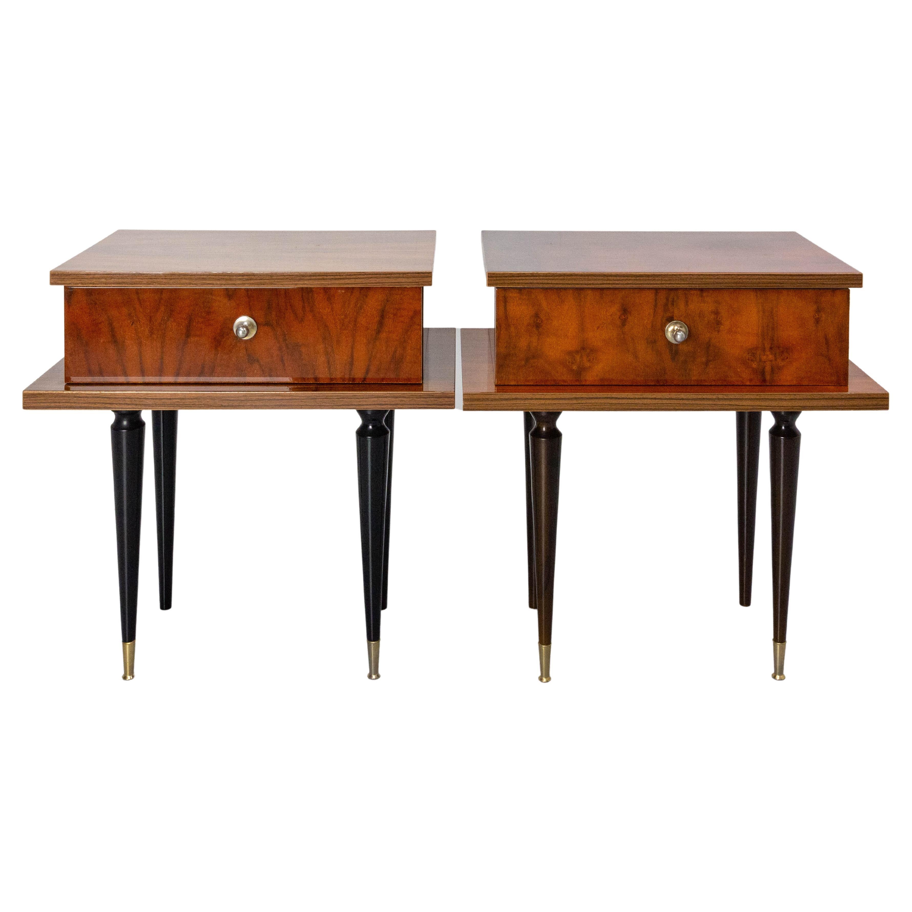 French Pair of Nightstands Side Cabinets Bedside Oak &Marble Top Midcentury