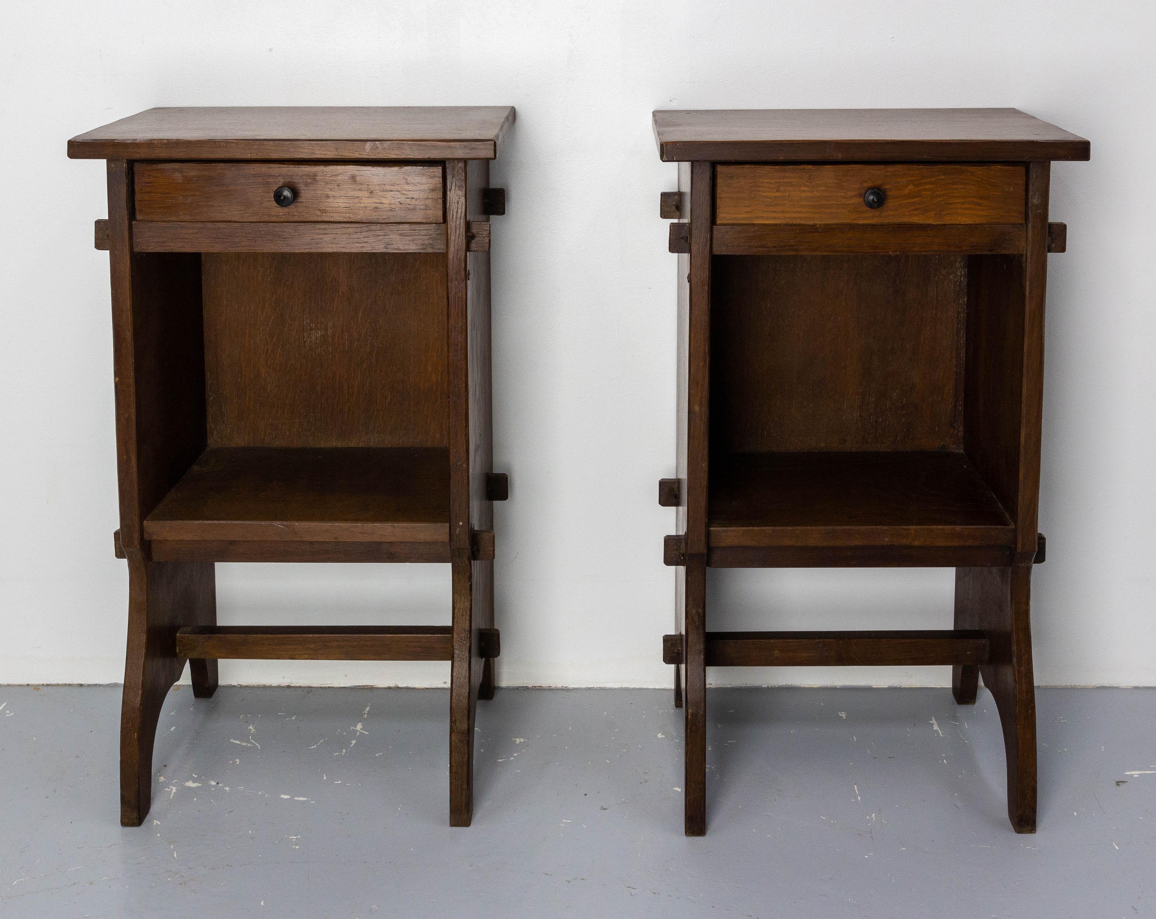 French parchment side cabinets nightstand.
Oak bedside tables.
Nightstands mid-century in the brutalist and Swiss Alp style.

Good condition.

Shipping: 
1 pack: 48 40 68 cm 14.6 kg.