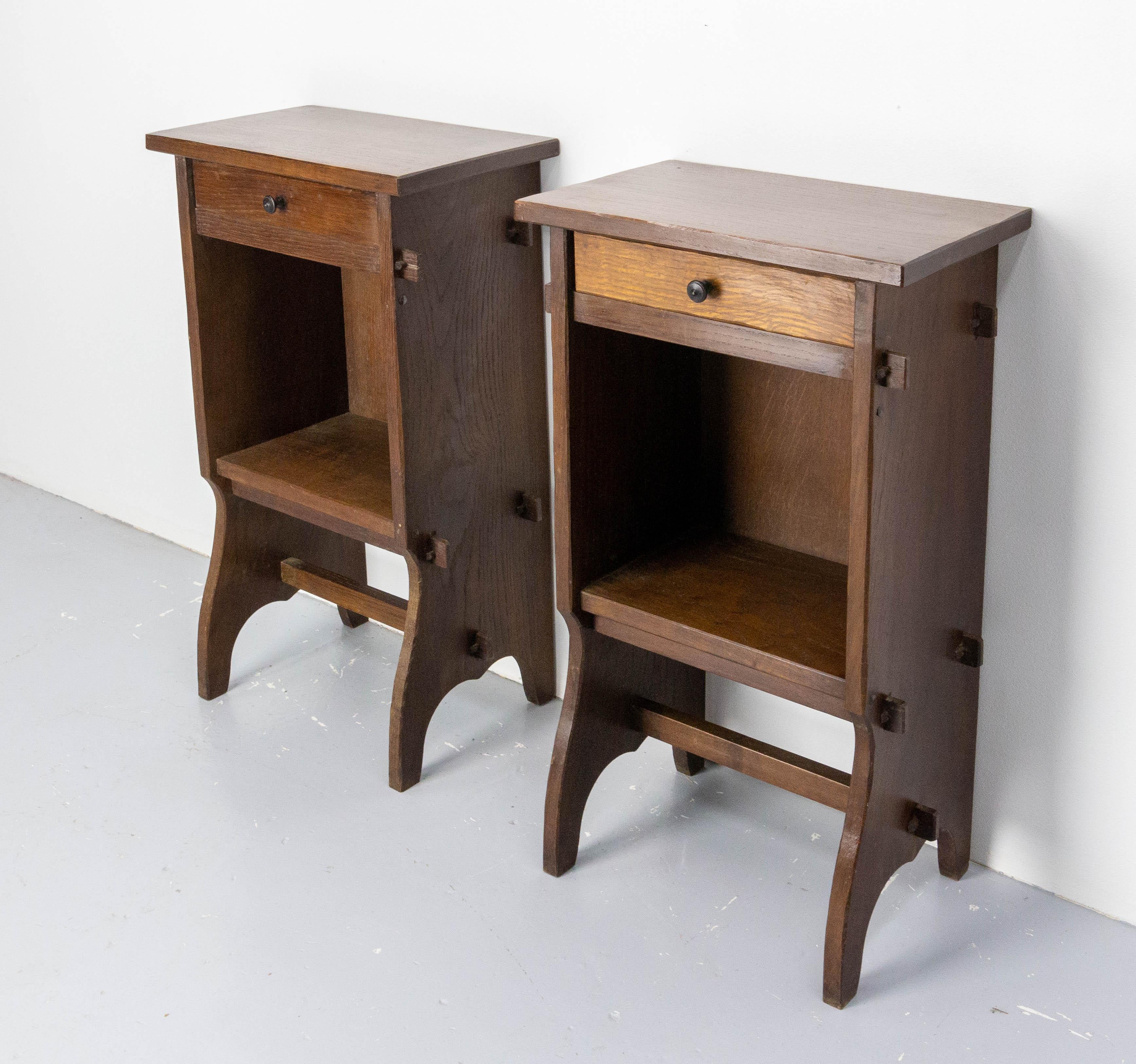 Mid-Century Modern French Pair of Nightstands Side Cabinets Bedside Tables Brutalist, C. 1940