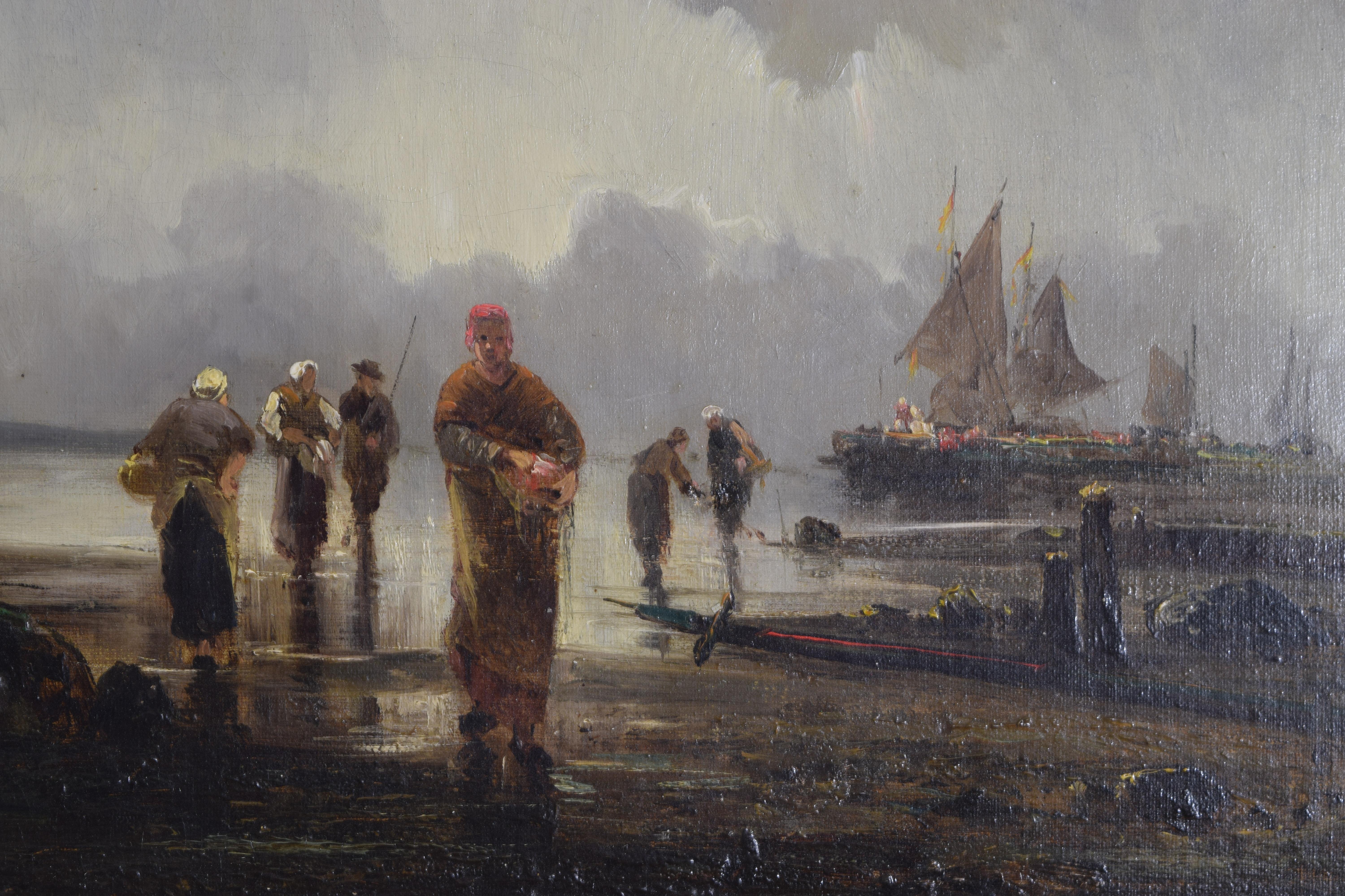 Pareja francesa de óleos sobre lienzo, Escenas de pesca costera, firmados Verrier, ca. 1885 en Bueno estado para la venta en Atlanta, GA