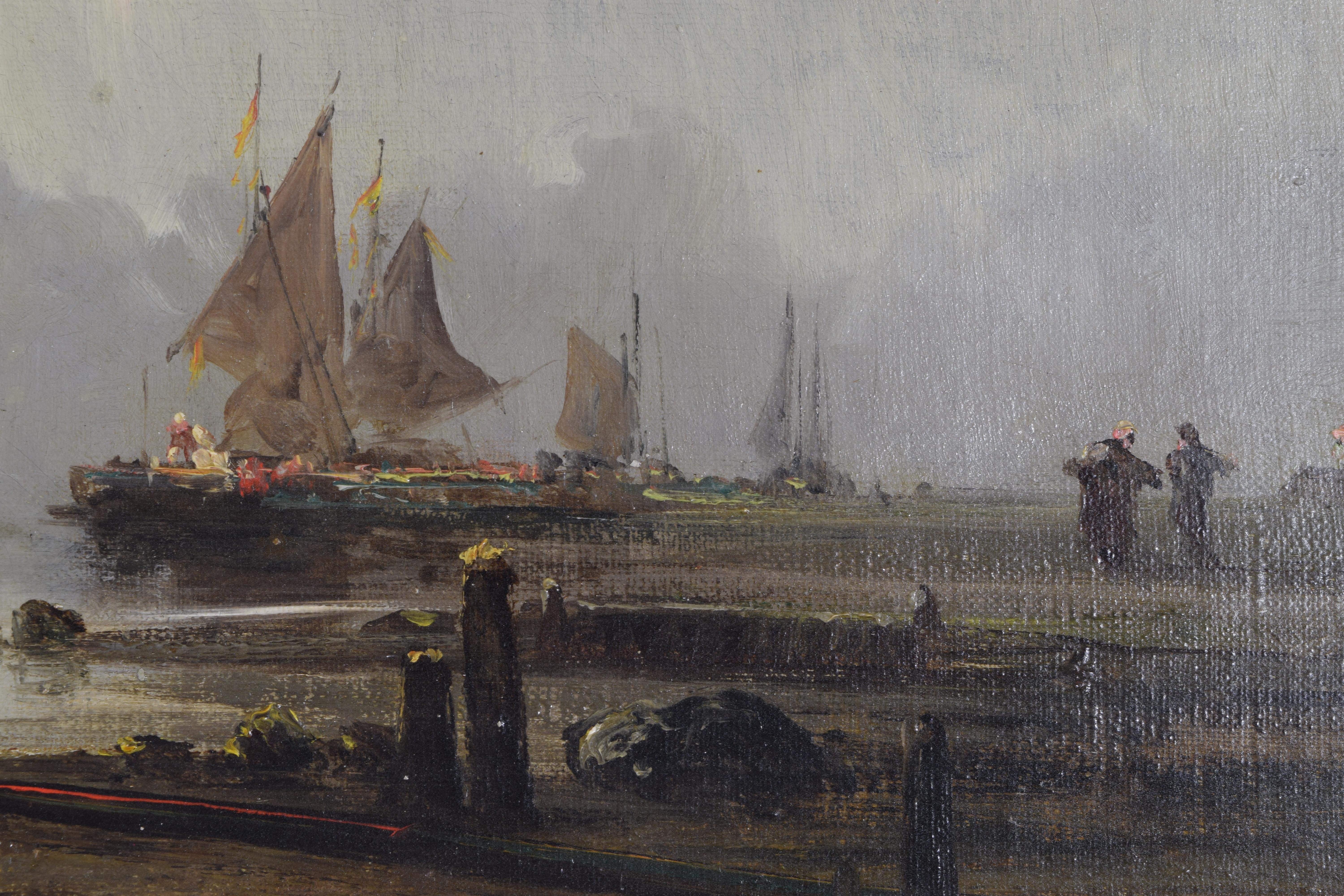 Pareja francesa de óleos sobre lienzo, Escenas de pesca costera, firmados Verrier, ca. 1885 siglo XIX en venta