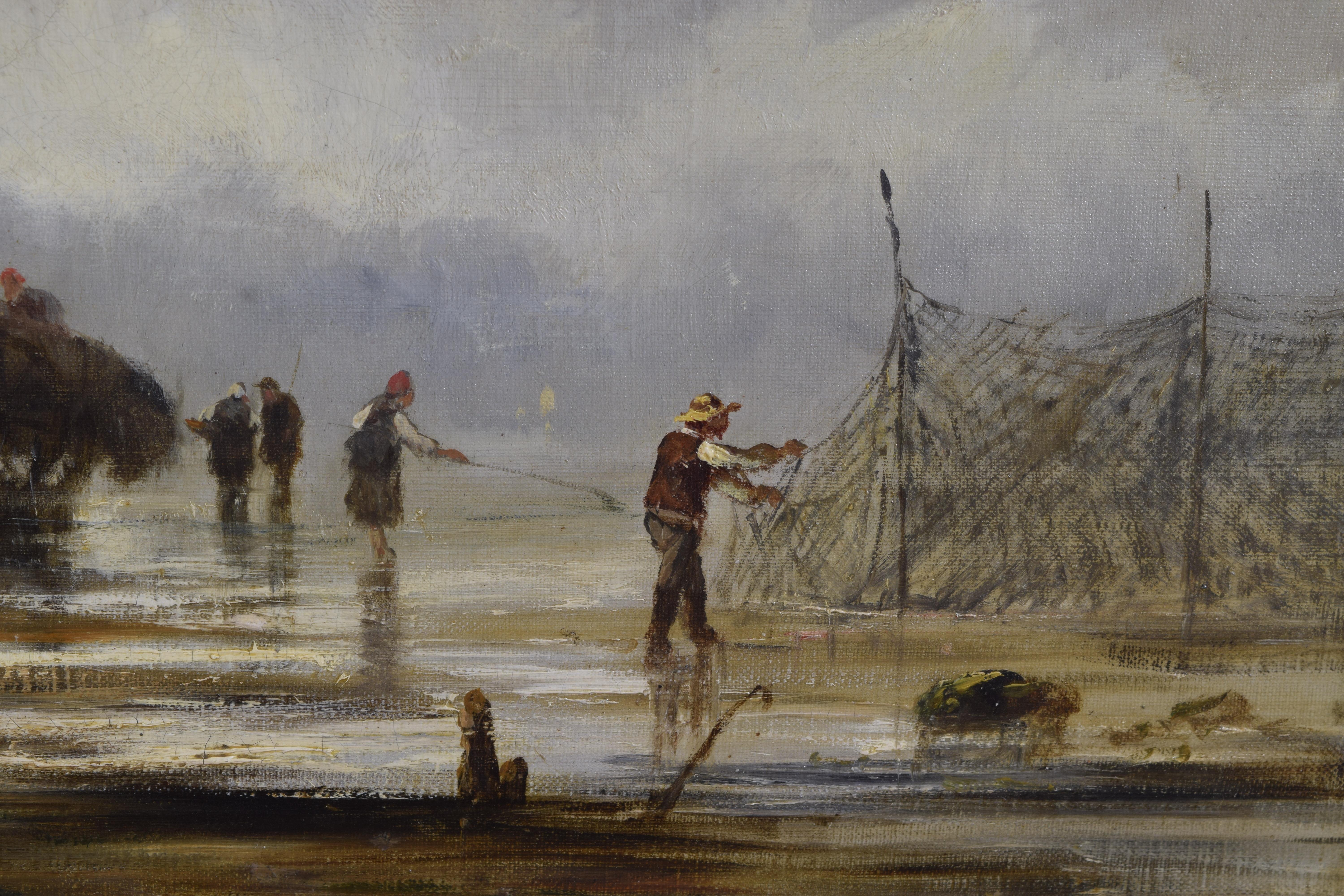Pareja francesa de óleos sobre lienzo, Escenas de pesca costera, firmados Verrier, ca. 1885 en venta 1