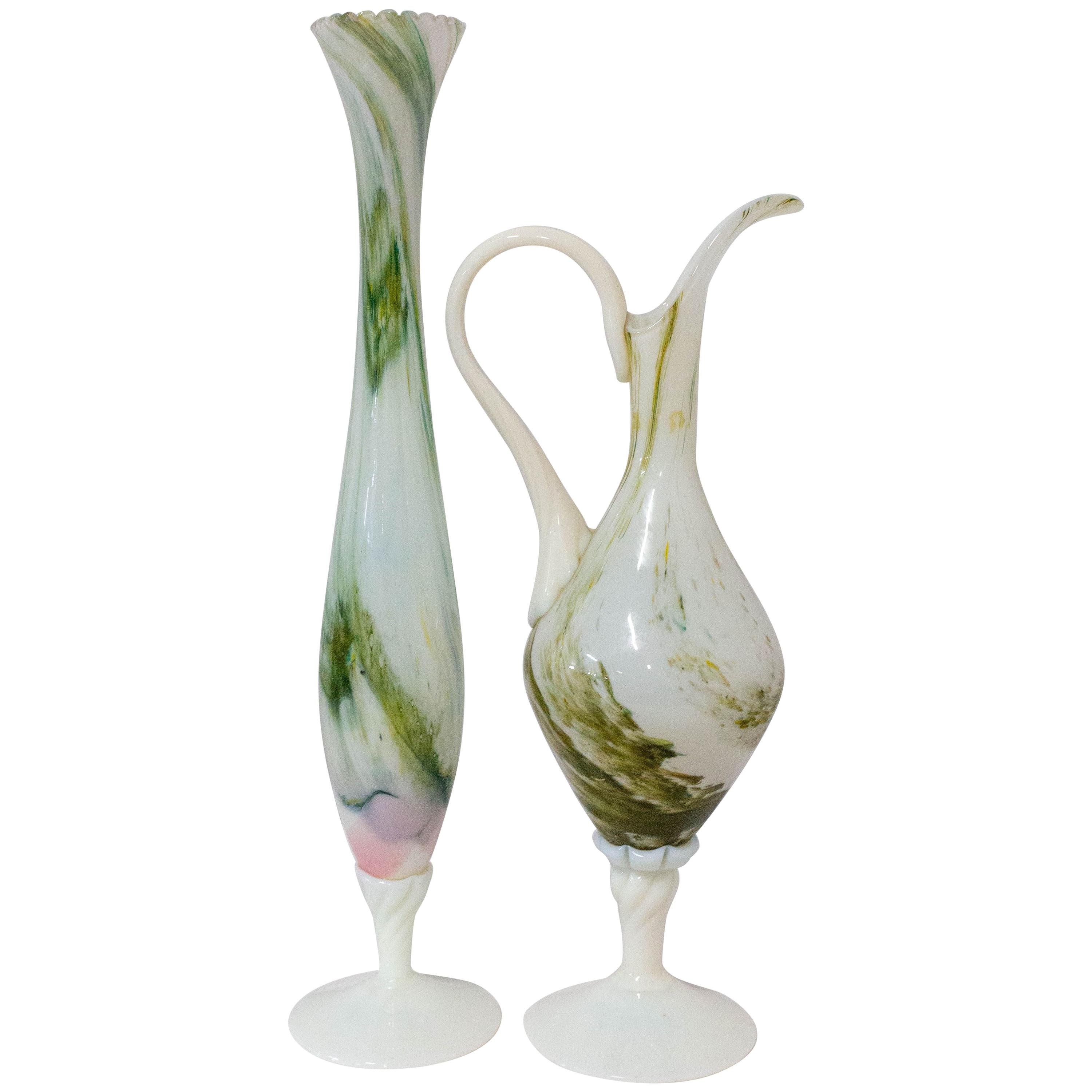 French Pair of Opaline Vase, Ewer and Soliflor Midcentury For Sale