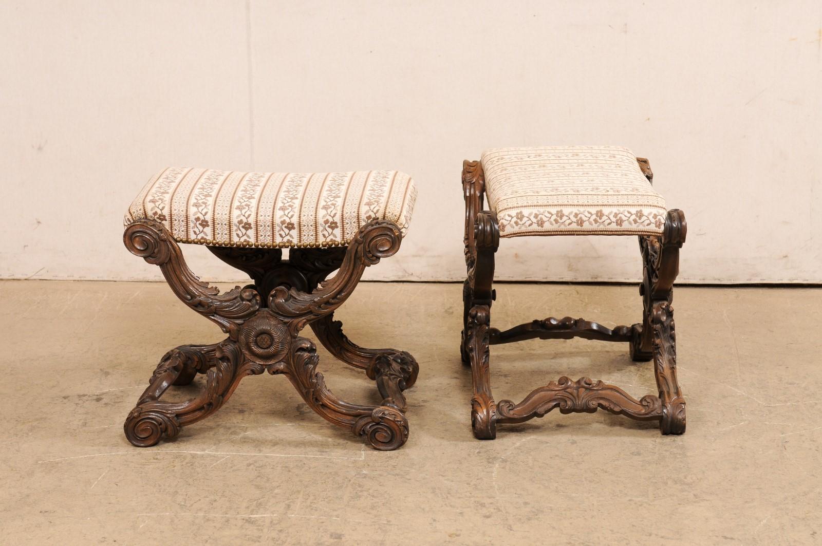 French Pair of Ornately-Carved Wood Stools w/Upholstered Seats, Circa 1880's For Sale 6