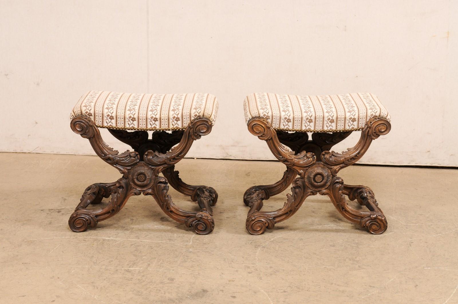 French Pair of Ornately-Carved Wood Stools w/Upholstered Seats, Circa 1880's For Sale 7